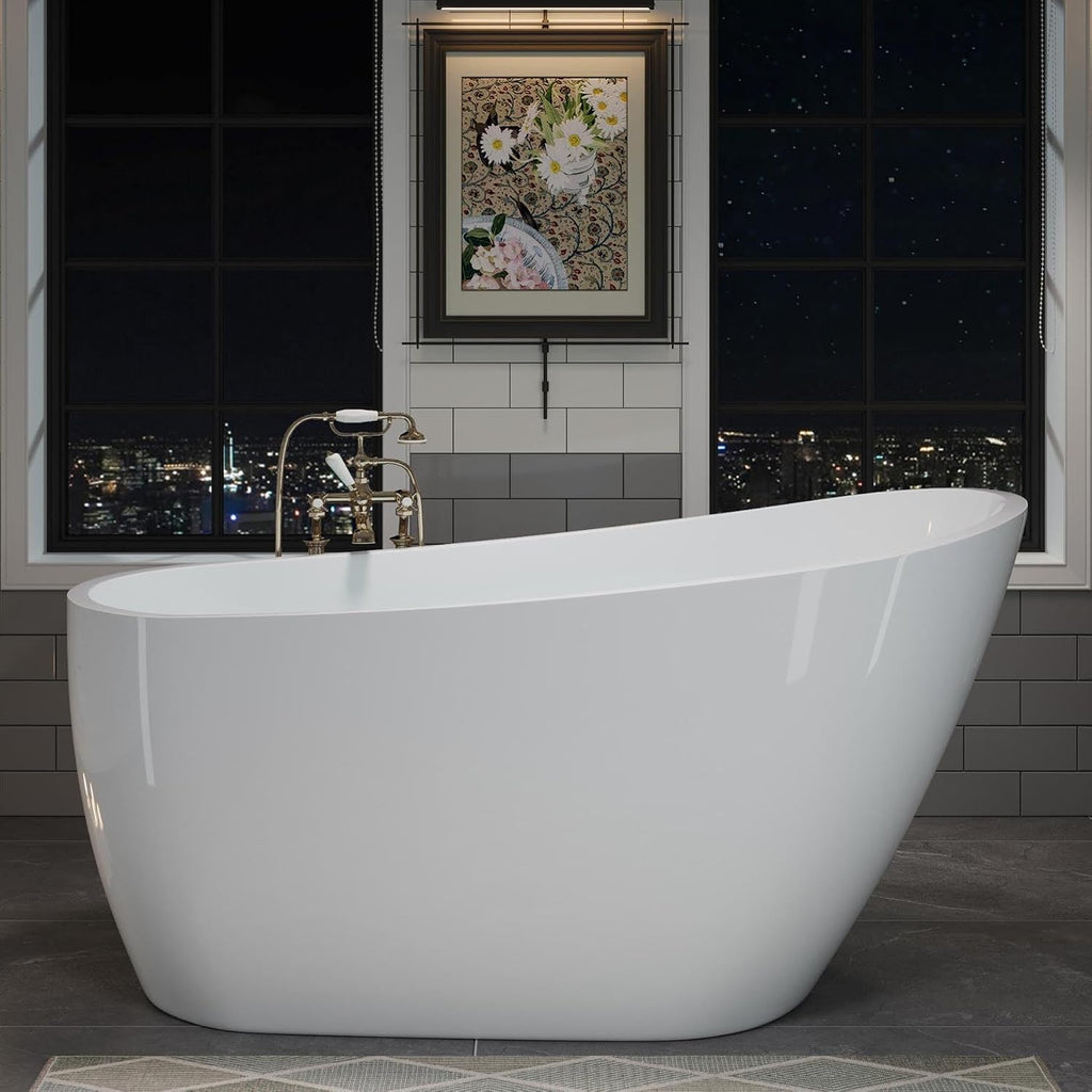 55' Acrylic Soaking Tub with Pop-up Drain & Integrated Overflow, Freestanding Bathtub with Double-Wall Insulation, Stand Alone Tub, Ergonomic, Easy Install (55')