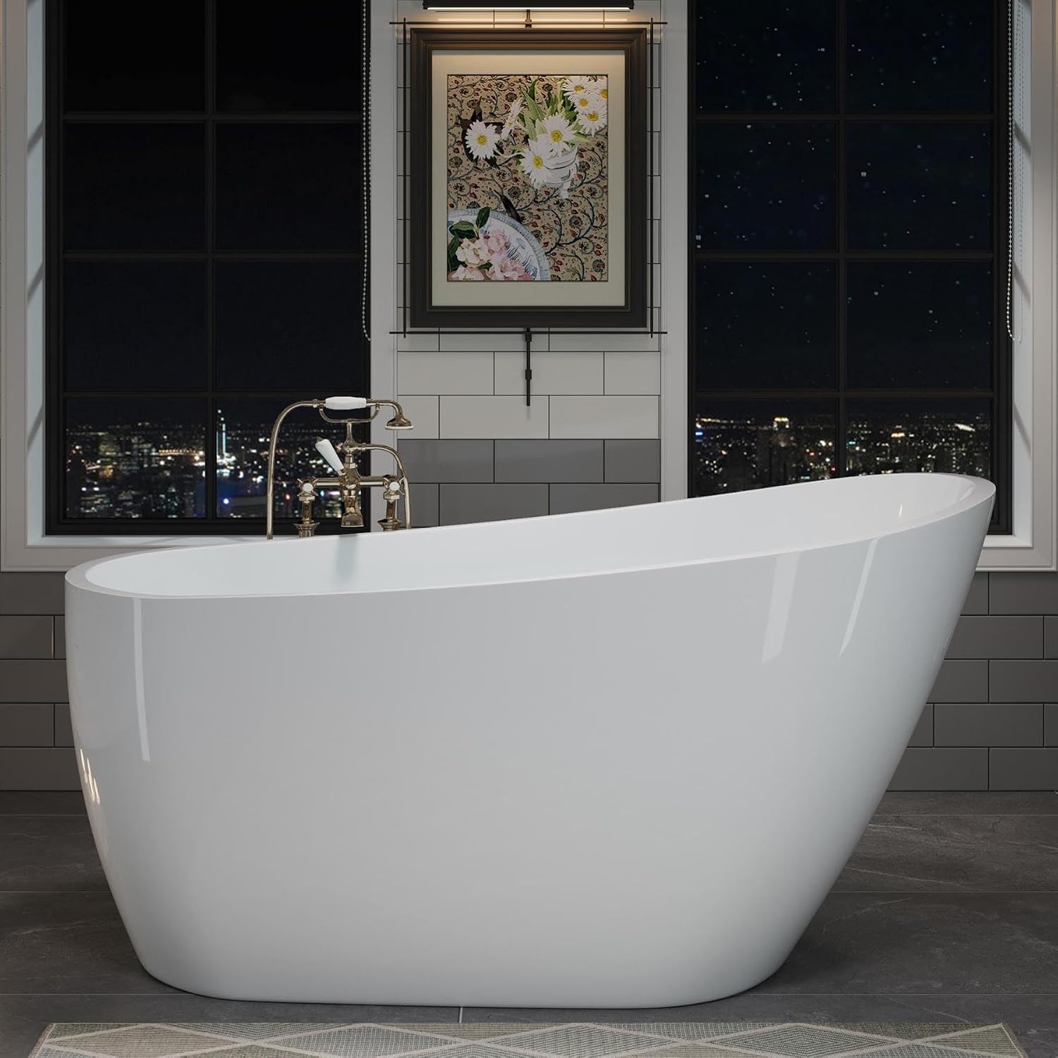 55' Acrylic Soaking Tub with Pop-up Drain & Integrated Overflow, Freestanding Bathtub with Double-Wall Insulation, Stand Alone Tub, Ergonomic, Easy Install (55')