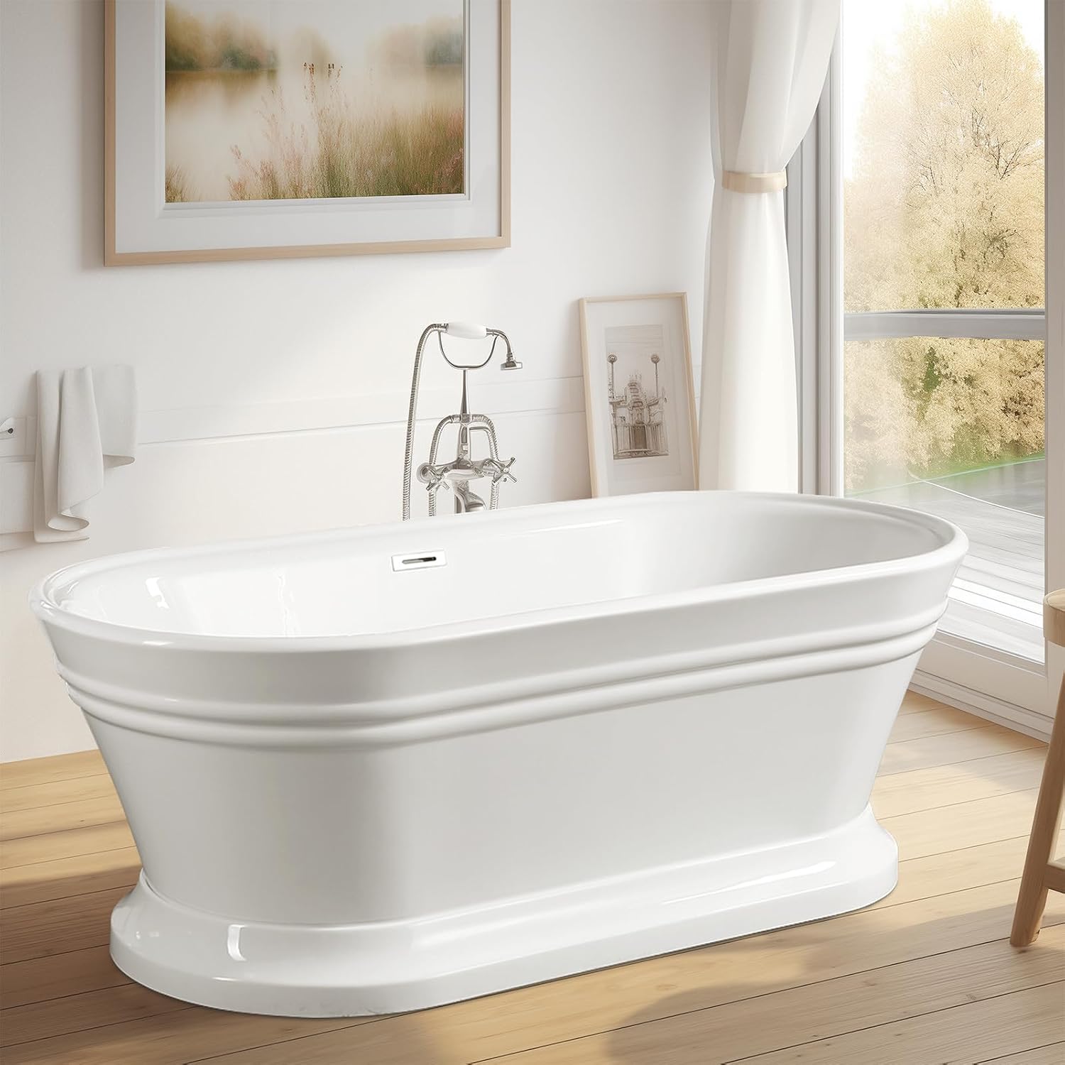 Vanity Art 59 x 30 Inches Freestanding Bathtub Acrylic Modern Stand Alone Soaking Tub with UPC Certified Slotted Overflow and Pop-up Center Drain, White VA6610-S-BN