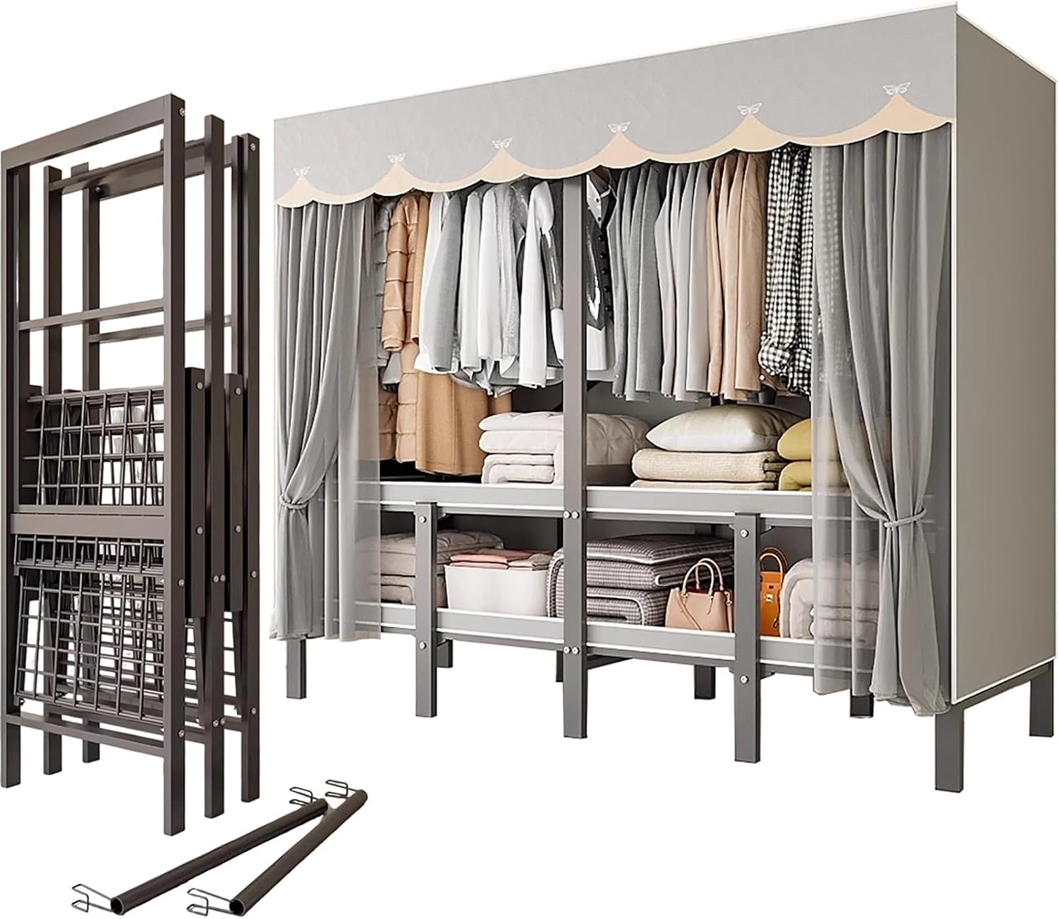 Foldable Portable Closet with Cover, Heavy Duty Armoire Wardrobe, 67' H x 20' W in Covered Clothes Rack, Storage Garment Racks for Hanging Clothes(Gray,131cm/51.6in)