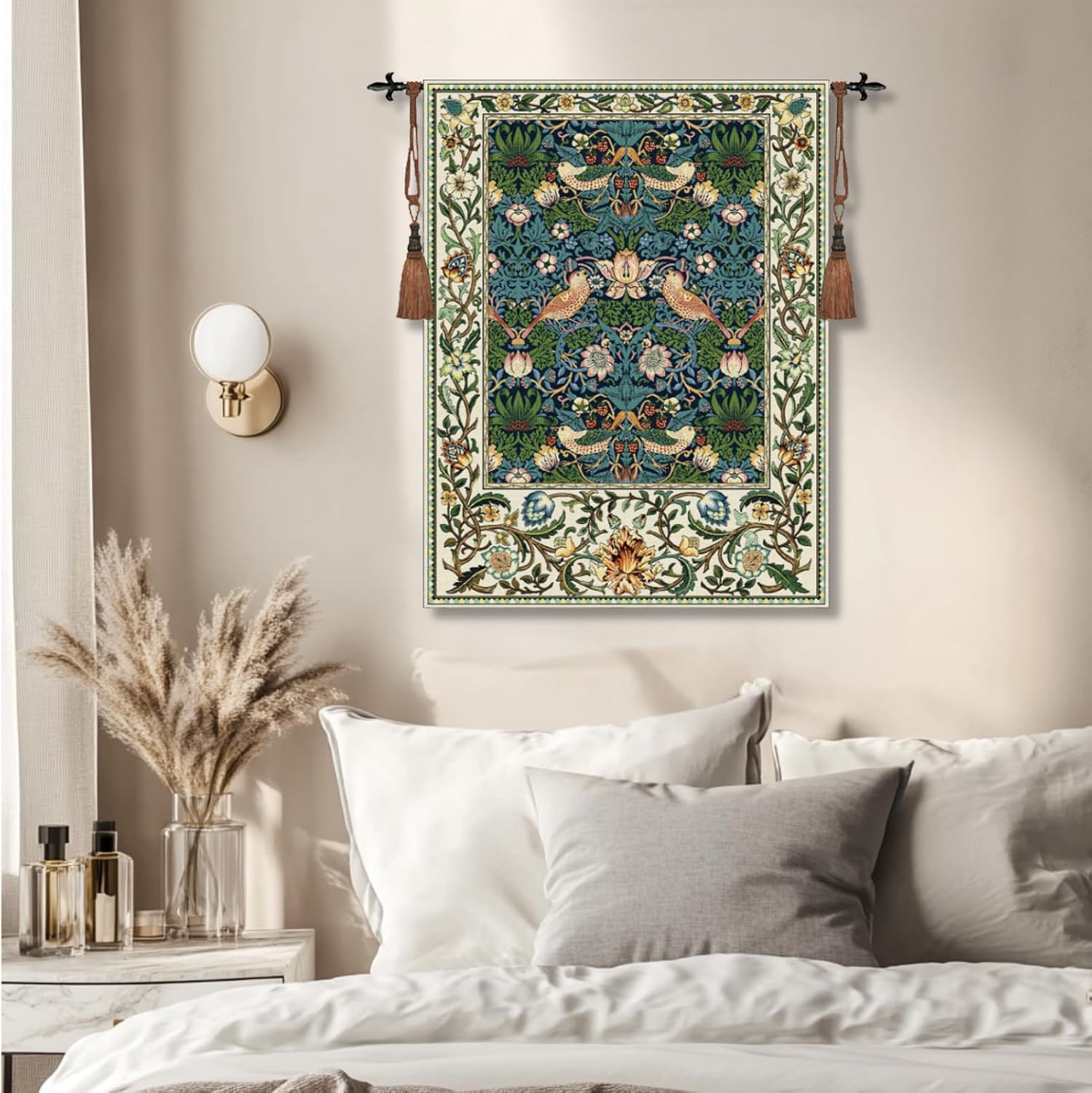 ORIMONY William Morris Strawberry Thief Tapestry - Vintage Floral Bird Art, Medieval Jacquard Woven Tapestry Wall Hanging for Living Room & Bedroom Size 27'x35' (Royal Blue)