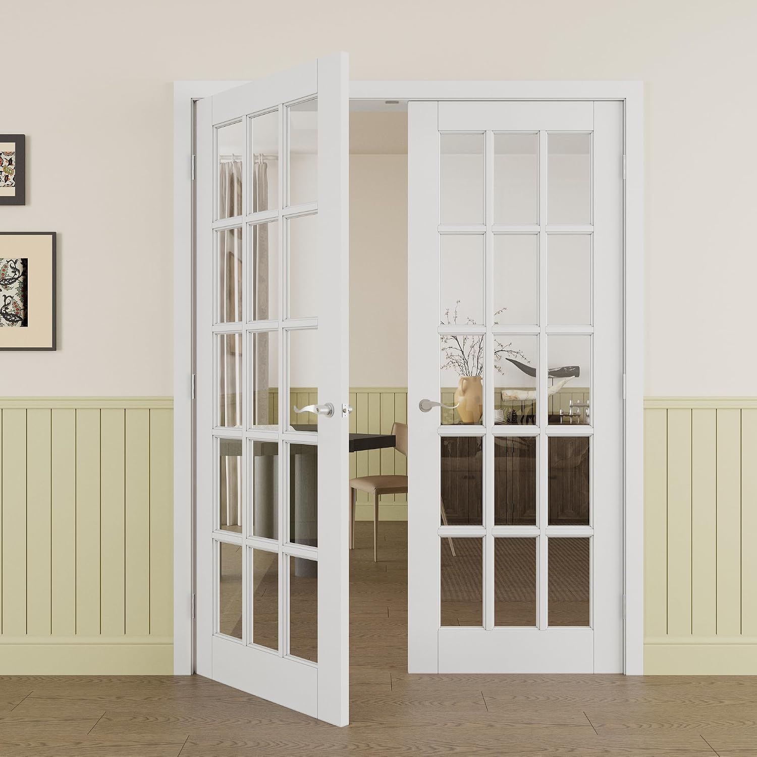 Prehung French Door 60' x 80' (2x30 in), 15-Lite Tempered Clear Glass Door Slabs with Jamb, Silver Hinges, 4 Levers & Latch, Solid Core Interior Door, Pre-Finished & Paintable,Double Doors Interior