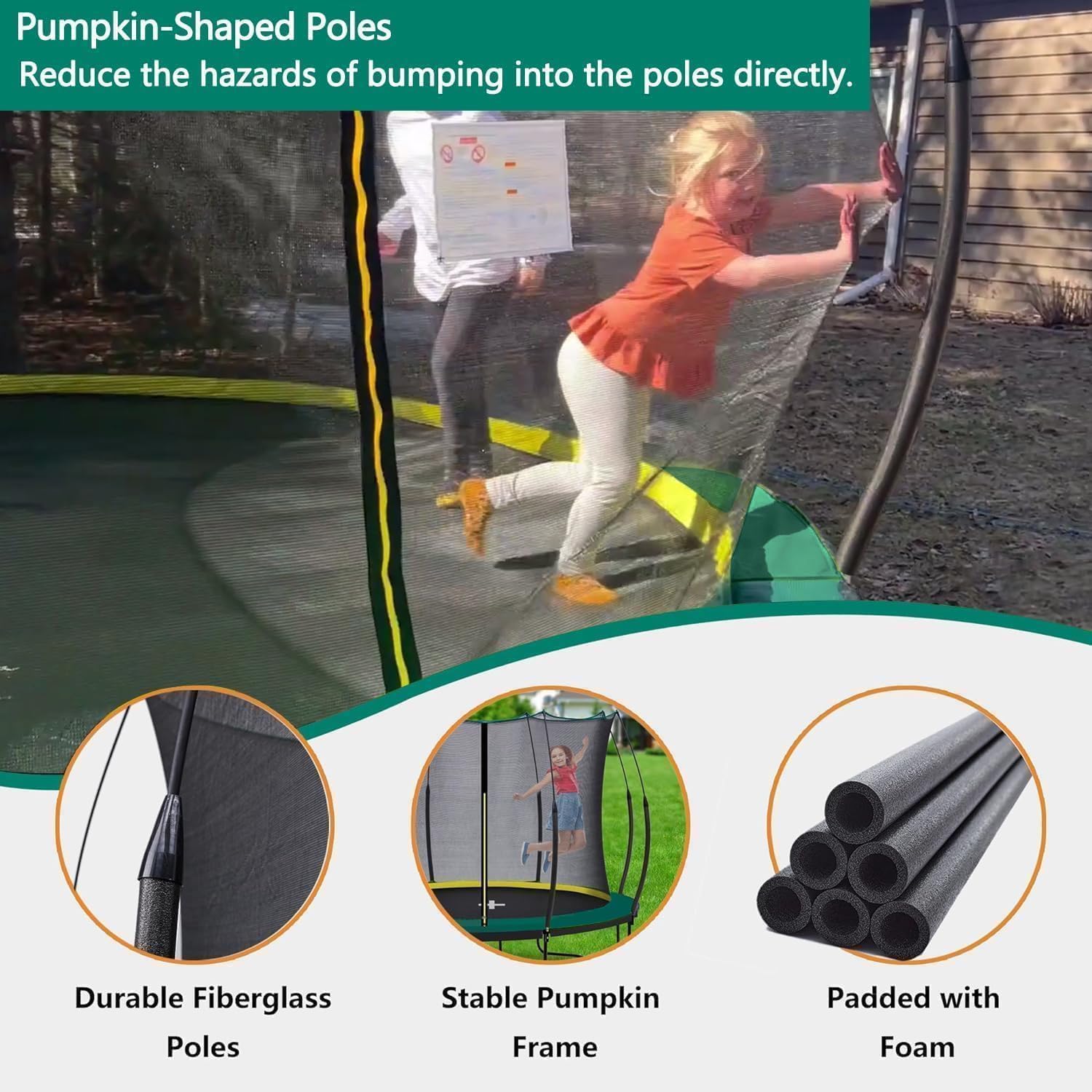 1400LBS 6FT 8FT 10FT 12FT 14FT Springless Trampolines for Kids and Adults, ASTM Approved Outdoor Trampoline with Enclosure Net, Backyard Trampoline with Curved Poles and Bungee Cords