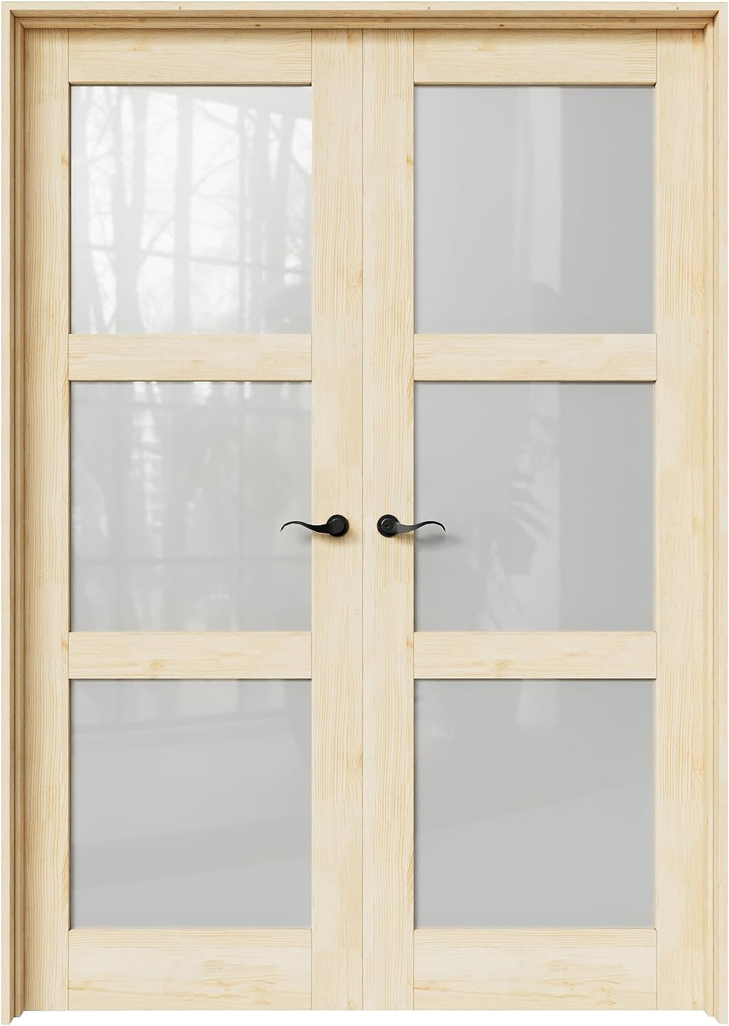56' x 80' French Doors Interior (Double 28' x 80' 3-Lite Frosted Glass Pine Wood Door with Black Hinge Prehung Jamb Kit), Unifinished Natural Wood, Prebuilt Home Door Panels & Assembly Required Jamb