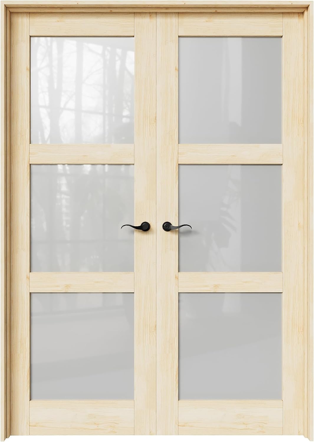 56' x 80' French Doors Interior (Double 28' x 80' 3-Lite Frosted Glass Pine Wood Door with Black Hinge Prehung Jamb Kit), Unifinished Natural Wood, Prebuilt Home Door Panels & Assembly Required Jamb