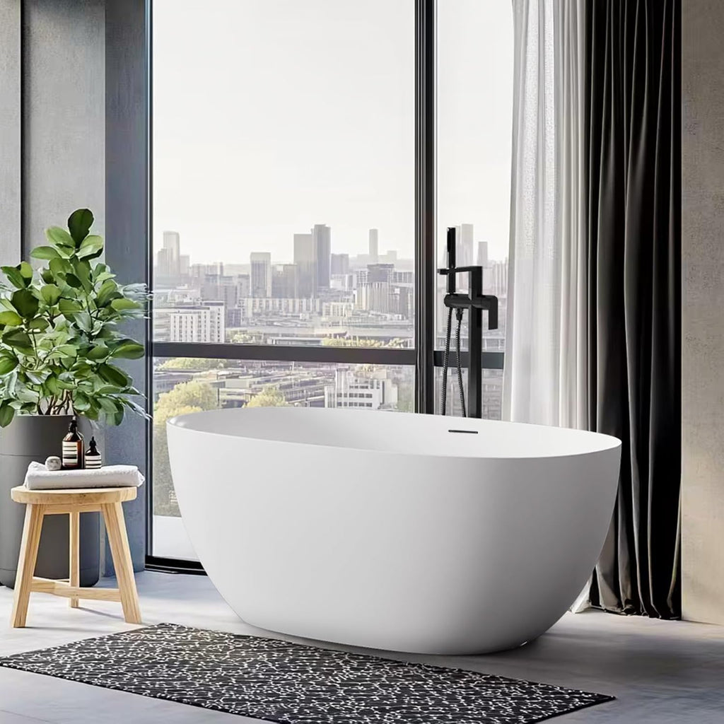 Stone Resin Freestanding Bathtubs,Soklawah 67' Solid Surface Luxury Soaking Tub,Oval Stand Alone Bathroom Bath tub with Drain & Integrated Slotted Overflow,Matte White Elegant Soaker Free Standing Tub