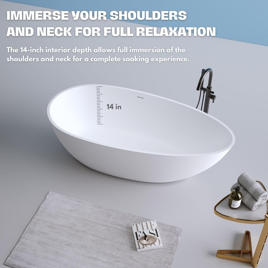 H2O Oval 59 in. x 30.7 in. Solid Surface Stone Resin Freestanding Bathtub, 14 in. Soaking Depth, Ergonomic Backrest, Matte White, Center Drain with Overflow, Durable, Easy to Clean