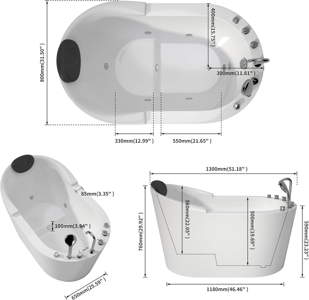 Premium 51' Modern Freestanding Whirlpool Bathtubs with Black Bathtub Pillow, Soaking Acrylic Tub With Faucet