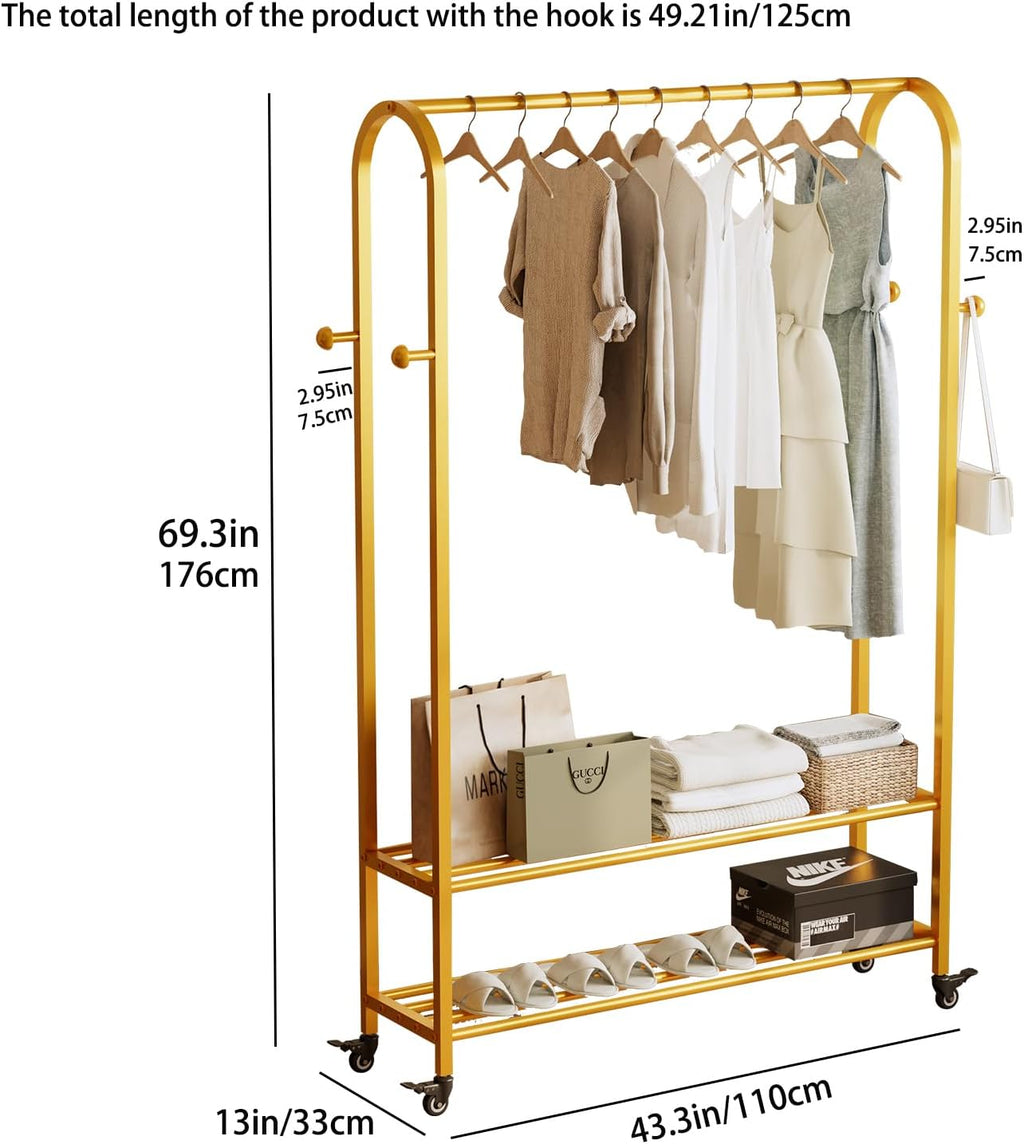 Sturdy Heavy Duty Clothes Rack With Wheels,Modern Clothing Rack With Shelves & hooks, Garment Racks for Hanging Clothes,Closet Rack for Bedroom,49.21in Wide,Clothes Storage and Display (gold)