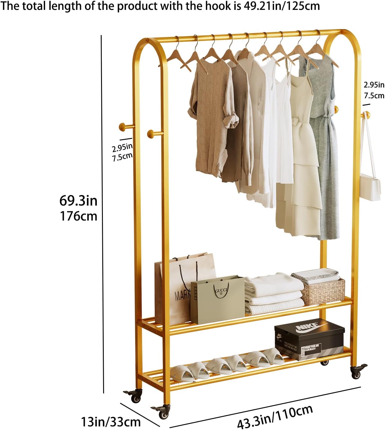 Sturdy Heavy Duty Clothes Rack With Wheels,Modern Clothing Rack With Shelves & hooks, Garment Racks for Hanging Clothes,Closet Rack for Bedroom,49.21in Wide,Clothes Storage and Display (gold)