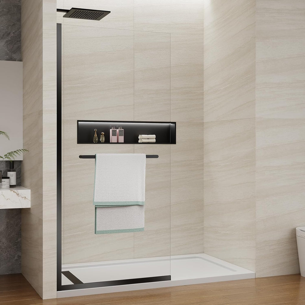 Shower Screen 36' x 76' Half Frameless Shower Wall Panel, Tempered Glass 3/8 inch, Easy to clean Coating, Fixed Glass Shower Door with Hardware (Matte Black with Towel Bar, 36' W X 76' H)