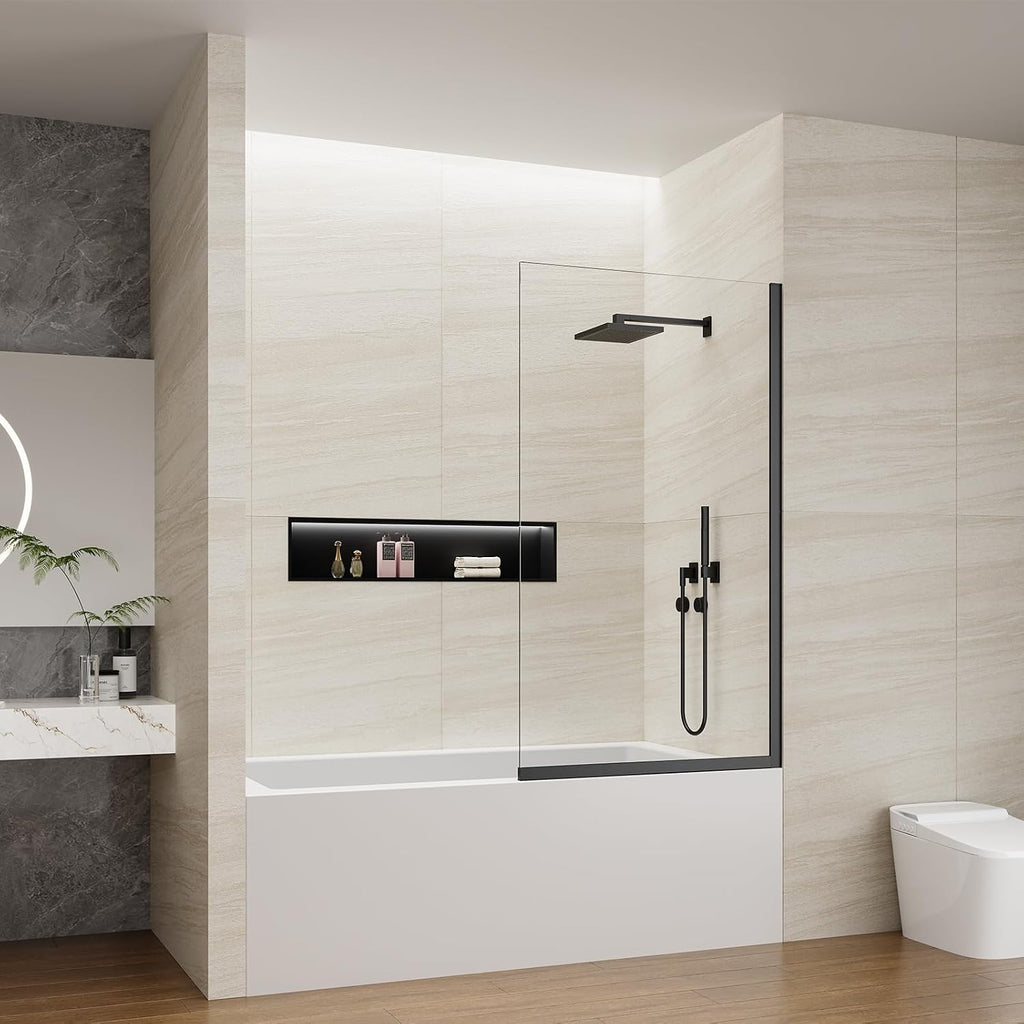 Shower Screen 35' x 60' Half Frameless Shower Bathtub Wall Panel, Tempered Glass 3/8 inch, Easy to clean Coating, Fixed Glass Shower Door with Hardware (Matte Black)