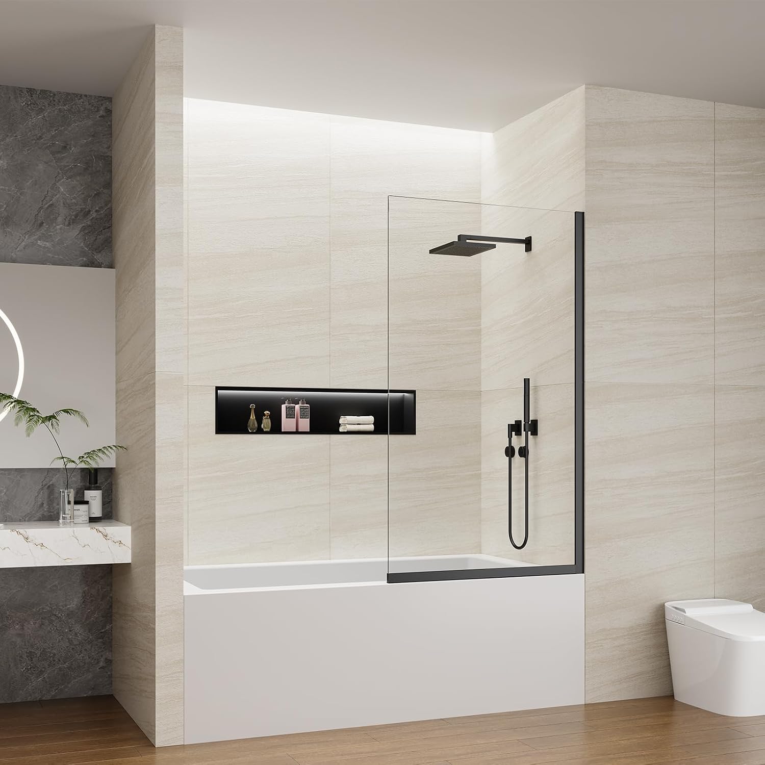 Shower Screen 35' x 60' Half Frameless Shower Bathtub Wall Panel, Tempered Glass 3/8 inch, Easy to clean Coating, Fixed Glass Shower Door with Hardware (Matte Black)