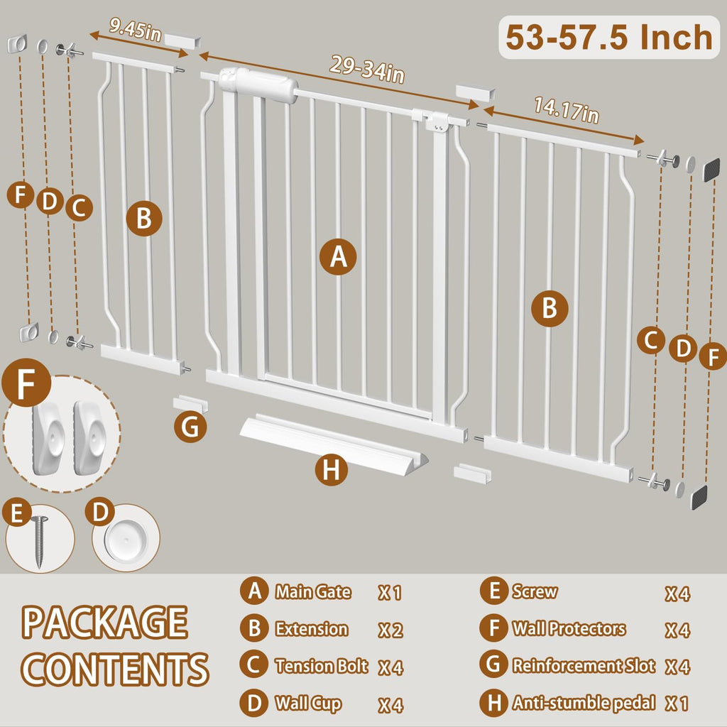 Fairy Baby Extra Wide Baby Gates 53-57.5 inch, Auto Close Child Safety Gates for Stairs Banister Doorways Hallway, Adjustable Metal Dog Gate with Door for Kids or Pets