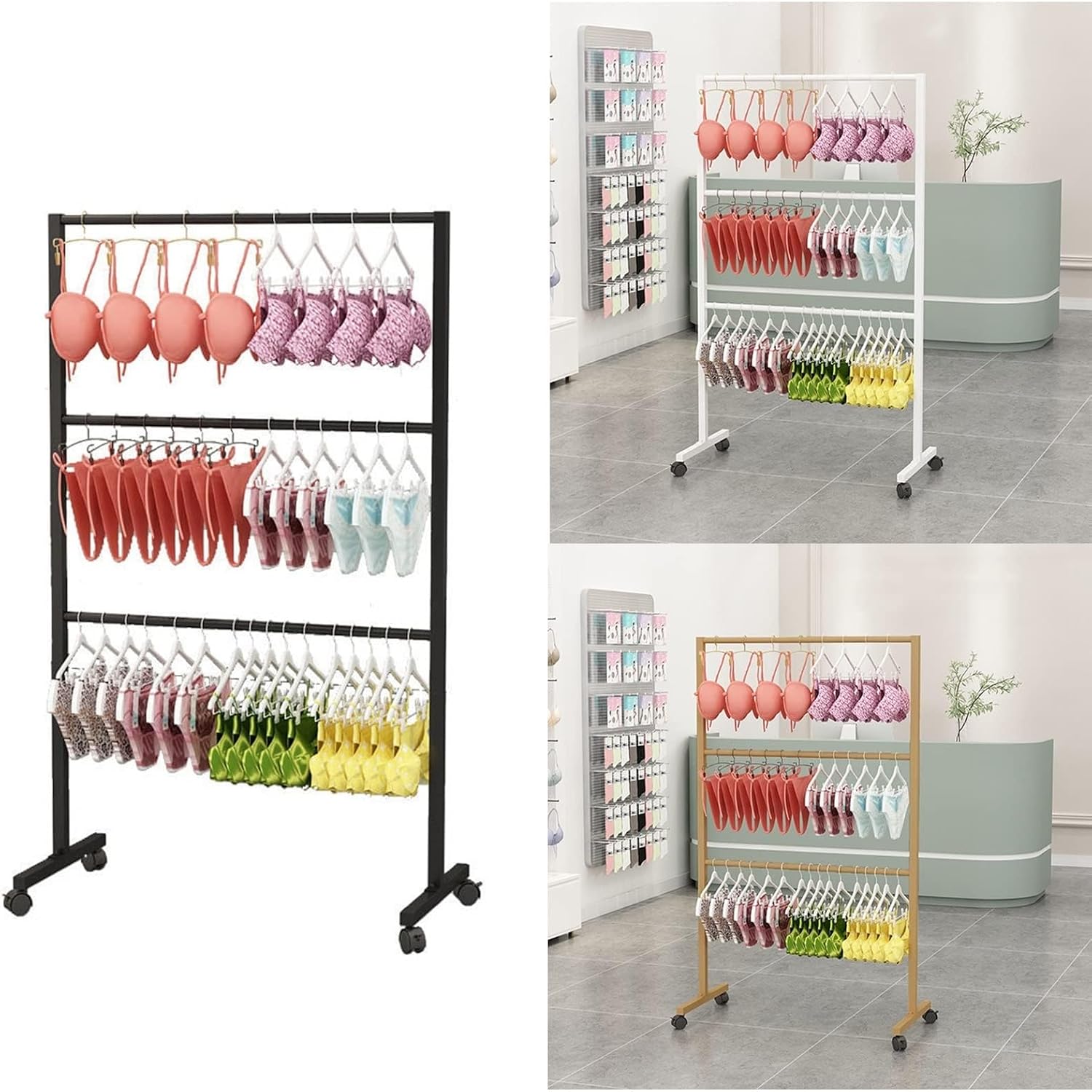 Clothing Rack,Gold Underwear Display Rack with Wheels - Bra Lingerie Hanger, Commercial Clothing Store Garment Rack for Swimwear Bikini - Standing Retail Shelving,Black L60Xh135Cm/23.6X53In