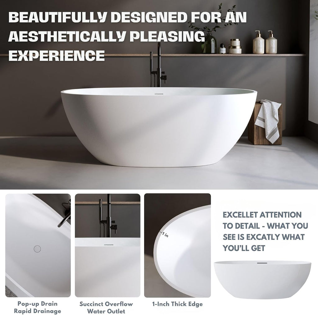 H2O Oval 59 in. x 30.7 in. Solid Surface Stone Resin Freestanding Bathtub, 15 in. Soaking Depth, Ergonomic Backrest, Matte White, Center Drain with Overflow, Durable, Easy to Clean