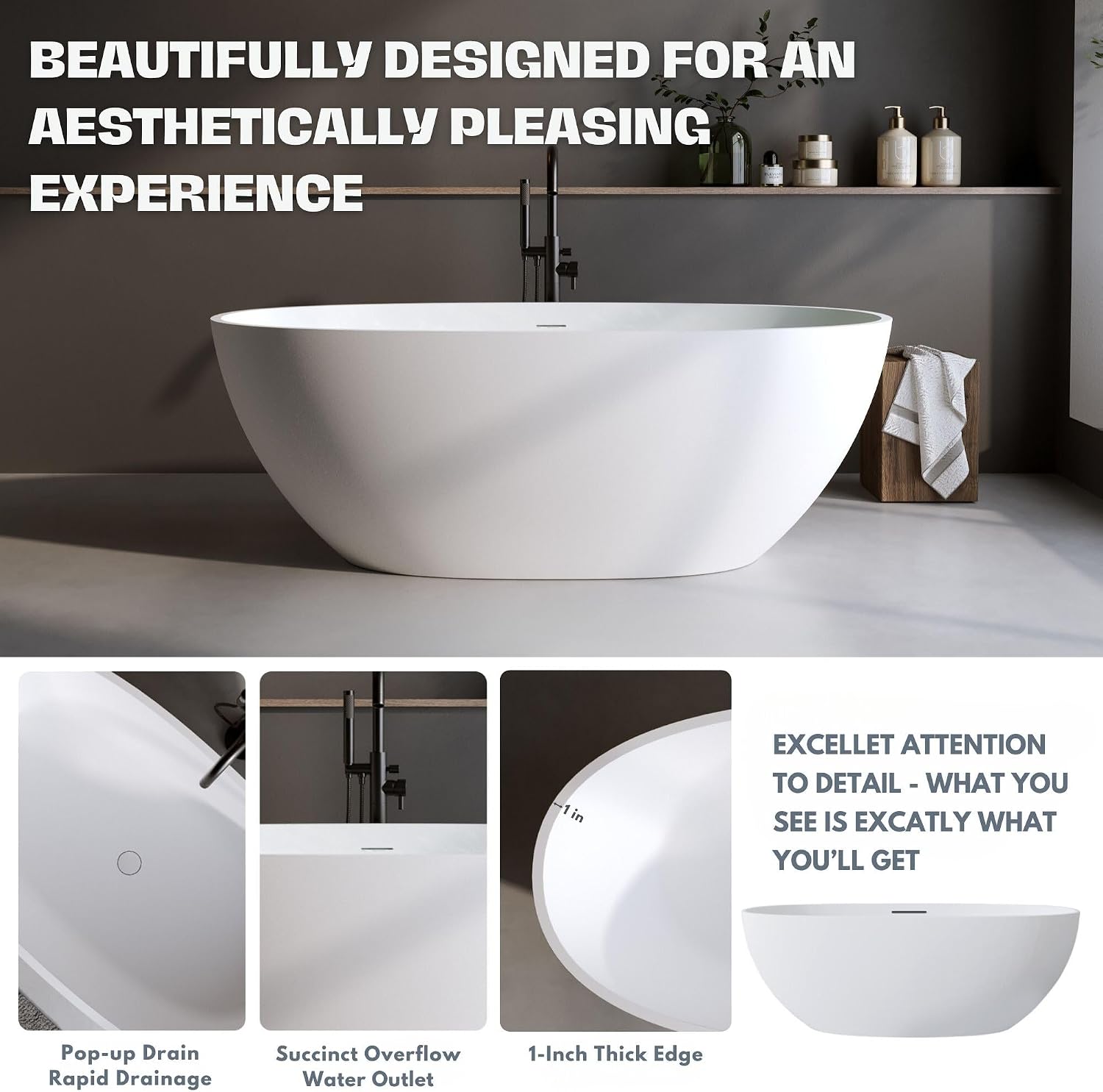 H2O Oval 59 in. x 30.7 in. Solid Surface Stone Resin Freestanding Bathtub, 15 in. Soaking Depth, Ergonomic Backrest, Matte White, Center Drain with Overflow, Durable, Easy to Clean