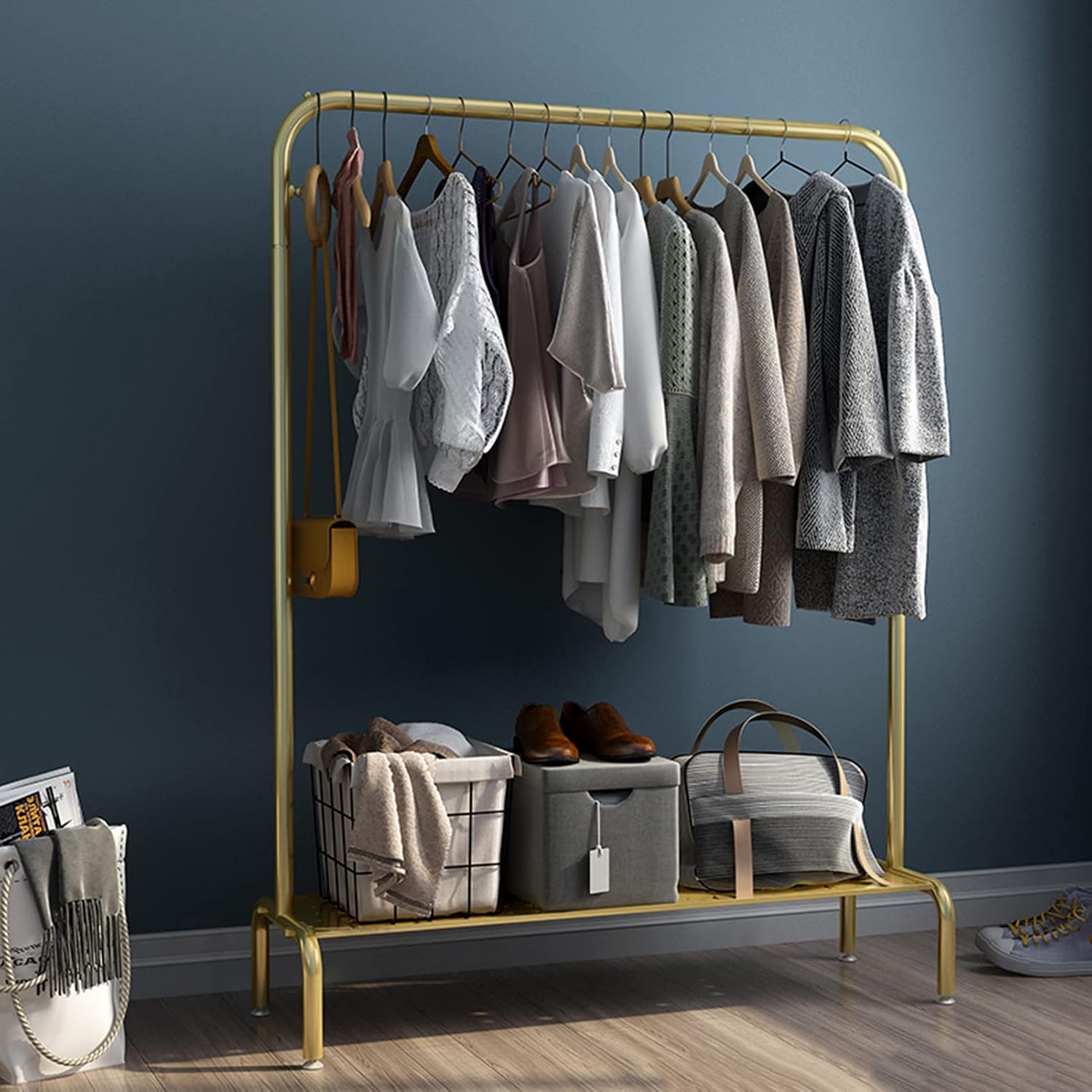 Garment Rack Nordic Modern Clothing Rack With Shelves, Heavy Duty Metal Garment Rack For Hanging Clothes, Retail Display Clothes Rail, Space Saving Coat Rack For Bedroo(Size:120x40x150CM ,Color:Gold)