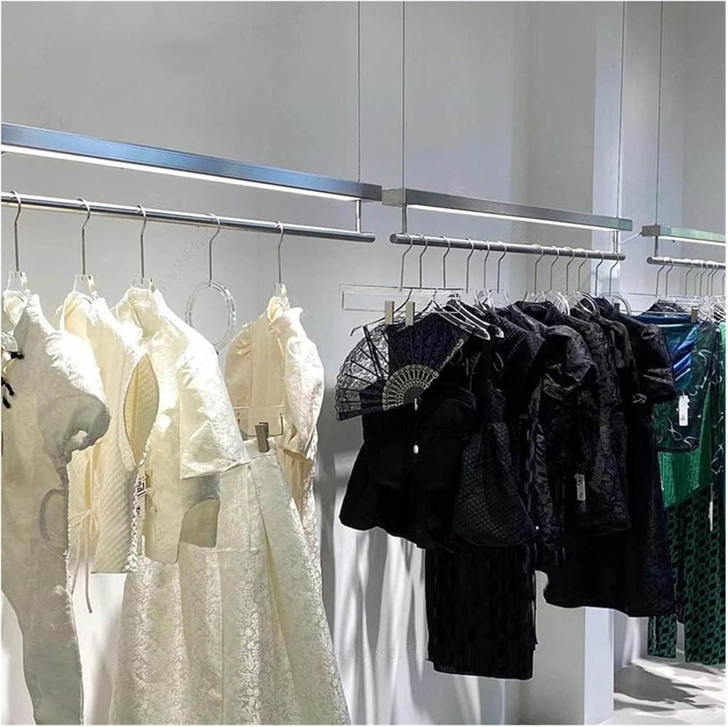 Clothes Rail Garment Rack Clothing Shop Clothes Display Rack, Adjustable Height Garment Rack Wire Hanging Racks with LED Lights Wall Mounted Hanging Clothes(Silver-1x2m