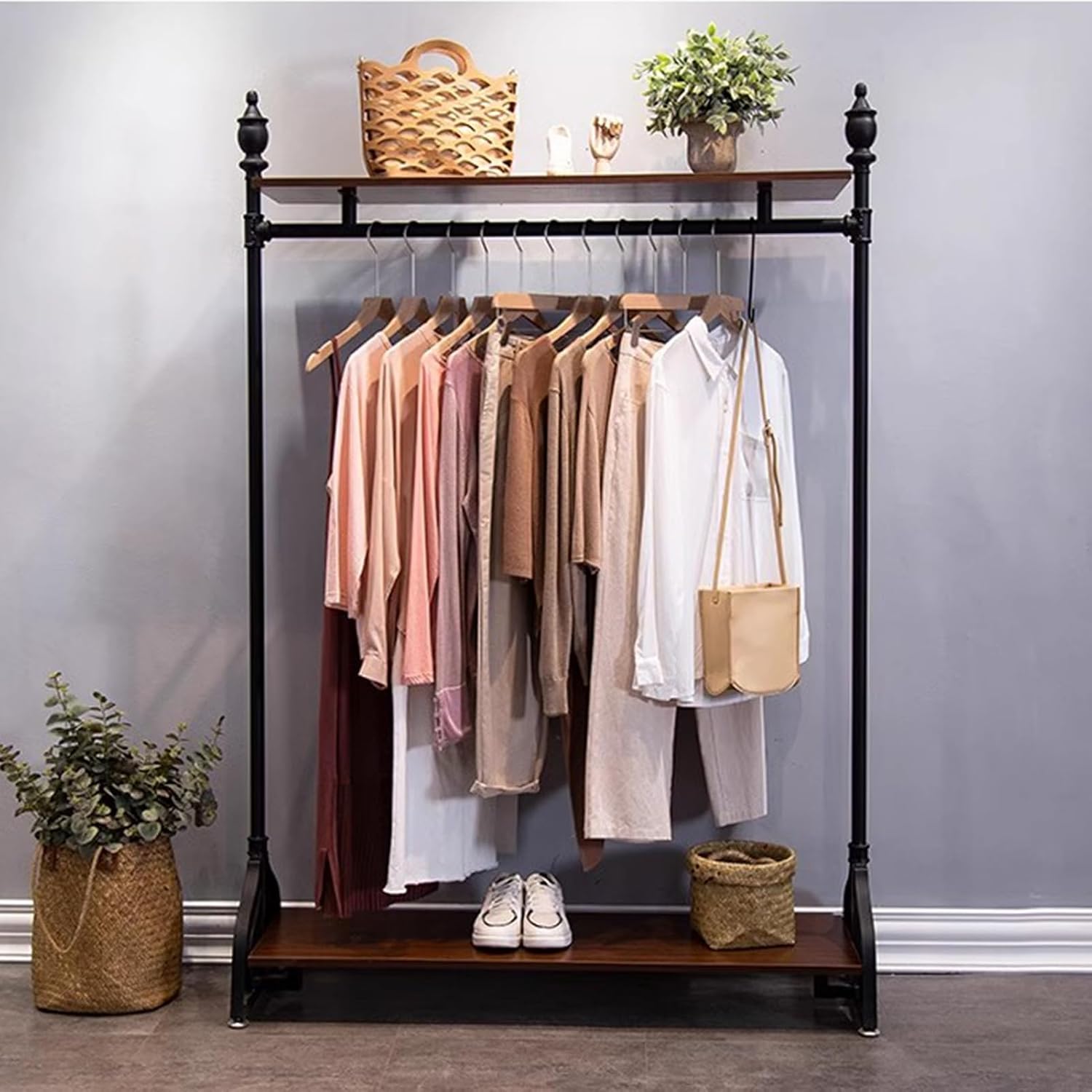 Garment Rack Heavy Duty Clothing Rack with 2 Tier Wooden Shelves, Black Metal Clothes Rack for Bedroom and Clothing Store, Adjustable Height Hanging Rod, Easy to Assemble Coat Rack