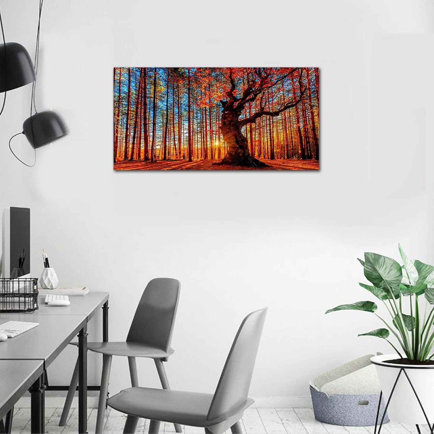 Forest Wall Art Sunset Canvas Pictures Red Leaf Trees Landscape Canvas Artwork Contemporary Nature Painting Print for Living Room Bedroom Home Office Wall Decor Framed Ready to Hang 29' x 58'