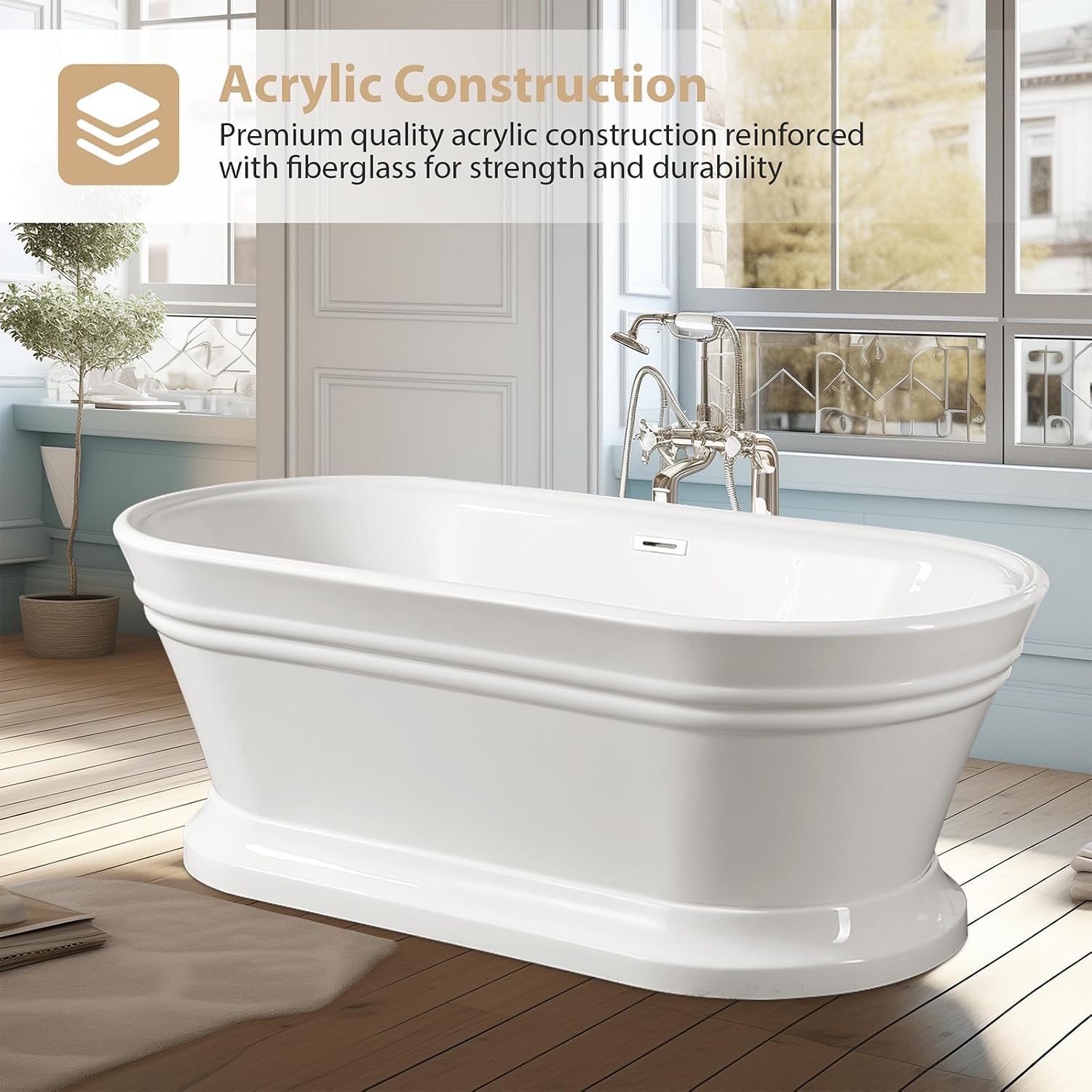 Vanity Art 59 x 30 Inches Freestanding Bathtub Acrylic Modern Stand Alone Soaking Tub with UPC Certified Slotted Overflow and Pop-up Center Drain, White VA6610-S-BN
