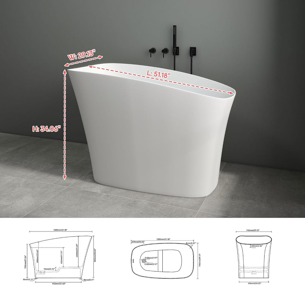 SJ Star&Jane 51' Solid Surface Japanese Soaking Bathtub Stone Resin Freestanding Tub Deep Soaking Bathtub Sit-In Design with Overflow and Drain