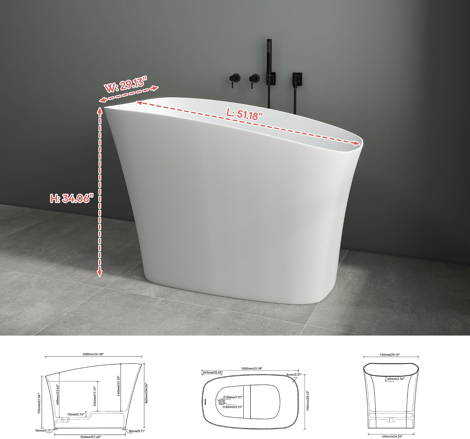 SJ Star&Jane 51' Solid Surface Japanese Soaking Bathtub Stone Resin Freestanding Tub Deep Soaking Bathtub Sit-In Design with Overflow and Drain