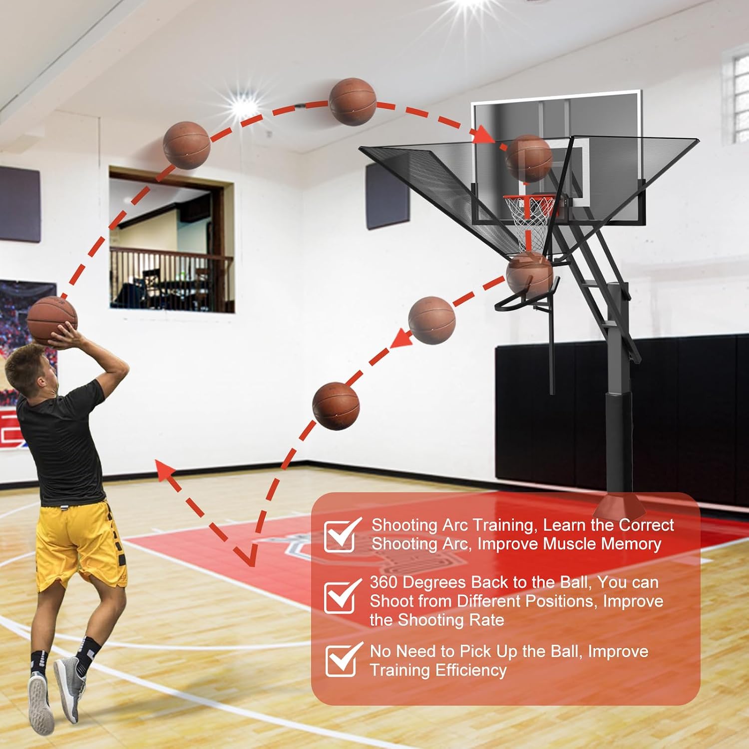 Basketball Rebounder Net Return System Machine Portable Suspended Shooting Basketball Rebounder Device Heavy Duty Basketball Training Equipment with 360°Rotating Track for Continuous Solo Practice