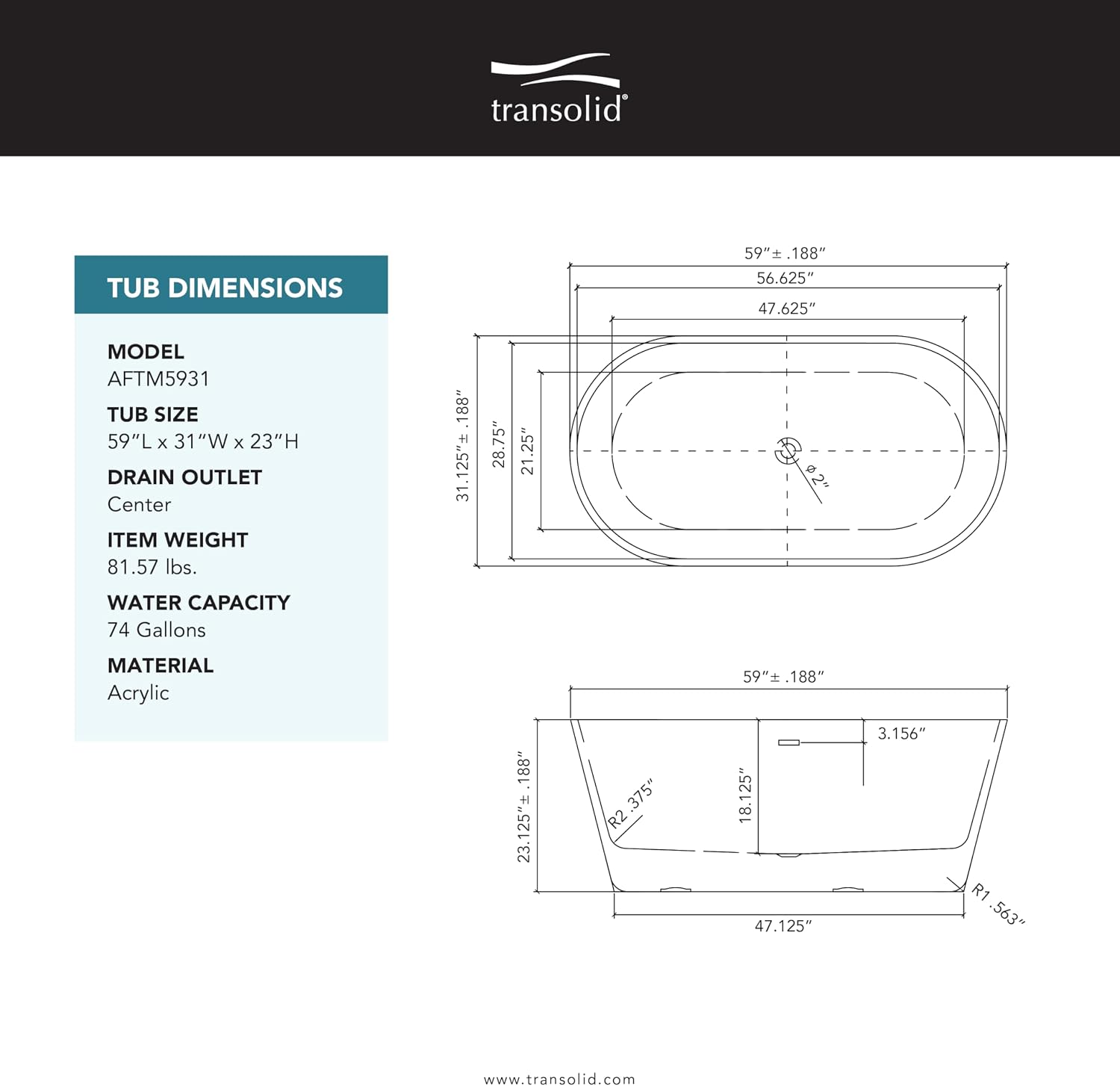 Transolid Maris 59 in. Freestanding Deep Soaking Bathtub | 31 in. Wide Acrylic Flatbottom | Center Drain | Bath Pillow Included | 23 in. Confirmed Soak Depth | Matte Black/White | K-AFTM5931-M3109