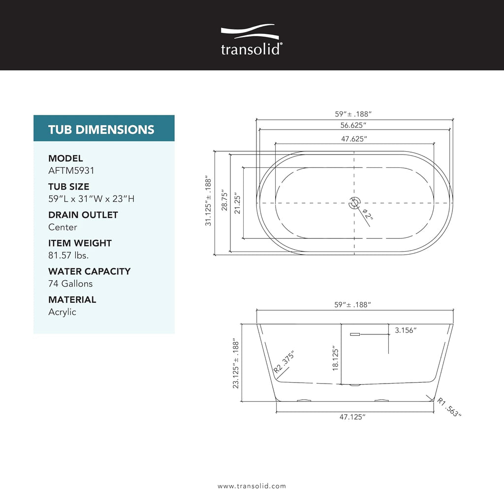 Transolid Maris 59 in. Freestanding Deep Soaking Bathtub | 31 in. Wide Acrylic Flatbottom | Center Drain | Bath Pillow Included | 23 in. Confirmed Soak Depth | Matte White | K-AFTM5931-M31