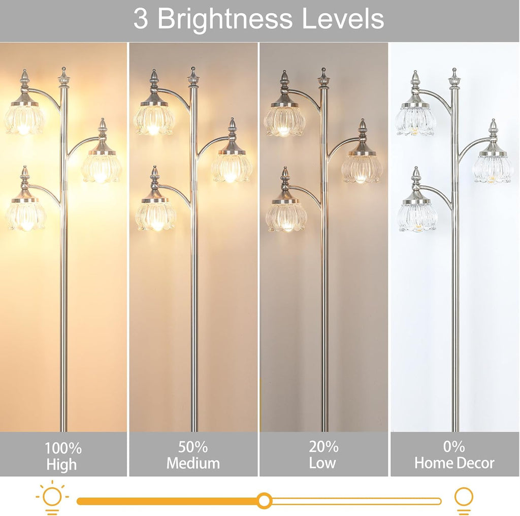 JUNNAI Brushed Nickel Floor Lamps for Living Room Silver Flower Standing Lamp with 3 Brightness Lights Glass Shades 66.5in Lamp for Bedroom Office(3LED Bulbs Included)