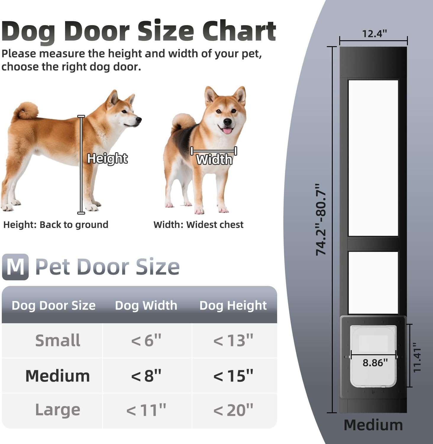 Dog Door for Sliding Glass Door with Magnetic Plastic Flat, Sliding Door Pet Doggie Door Insert with Lock, Adjustable Height No-Cut Required Doggy Door Access Renters, Apartments, Patio (Black, M)
