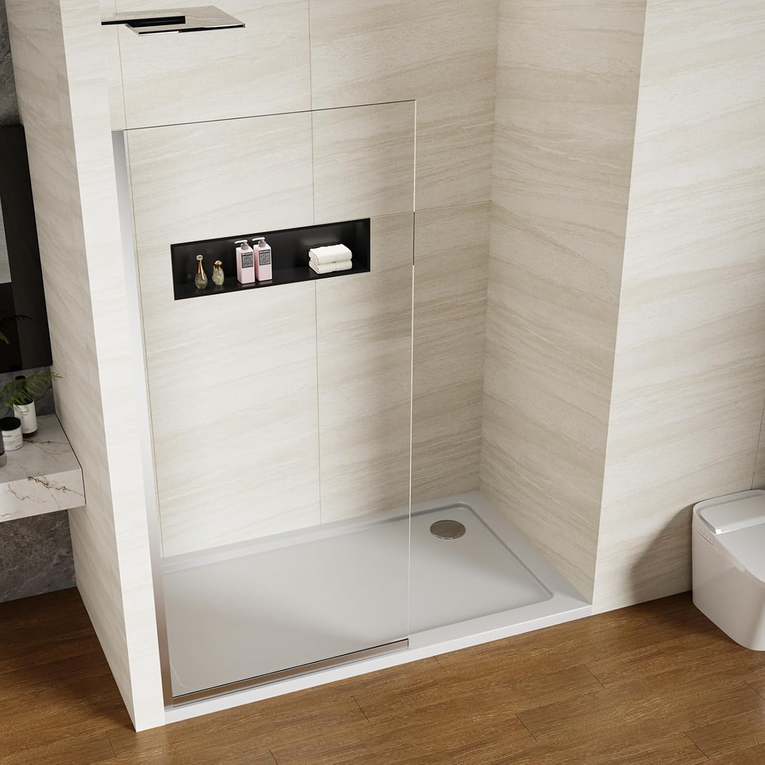 Shower Screen 36' x 76' Half Frameless Shower Wall Panel, Tempered Glass 3/8 inch, Easy to clean Coating, Fixed Glass Shower Door with Hardware (Chrome)