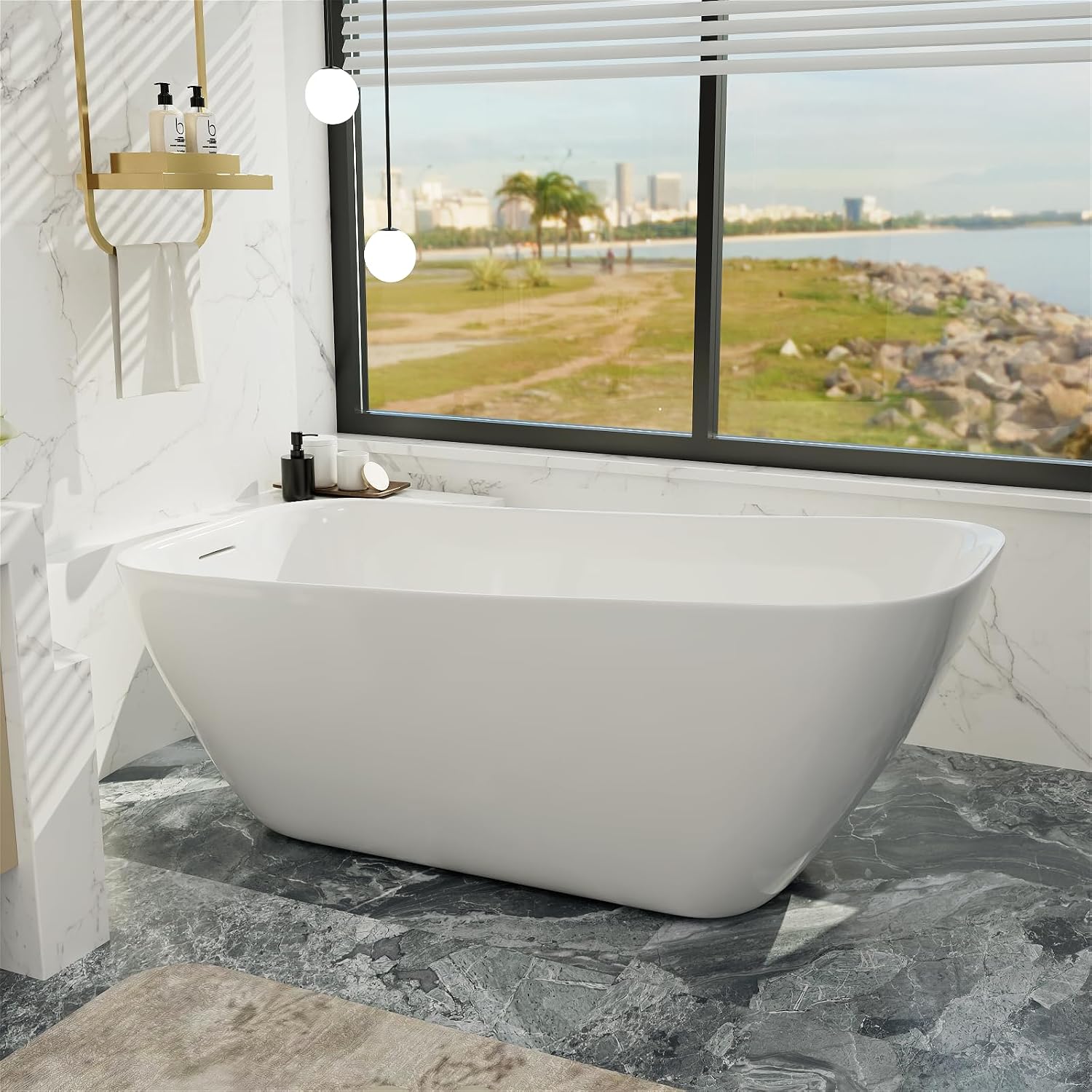 Acrylic Freestanding Bathtub, Single Slipper Free Standing Tub, Soaking Tub with Integrated Slotted Overflow, Toe-Tap Chrome Drain, cUPC Certified, Glossy White