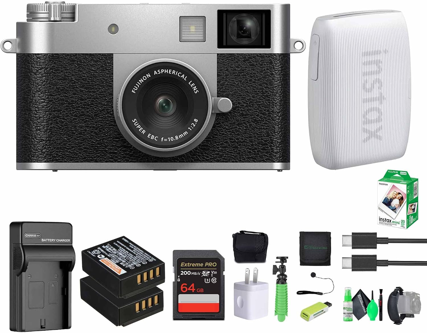 FUJIFILM X Half Premium Compact Digital Camera (Silver) Bundle with Fuji INSTAX MINI Link 3 Smartphone Printer (Clay White) + Instax Mini Film + Extra Battery + Charger + 64GB Memory Card + More