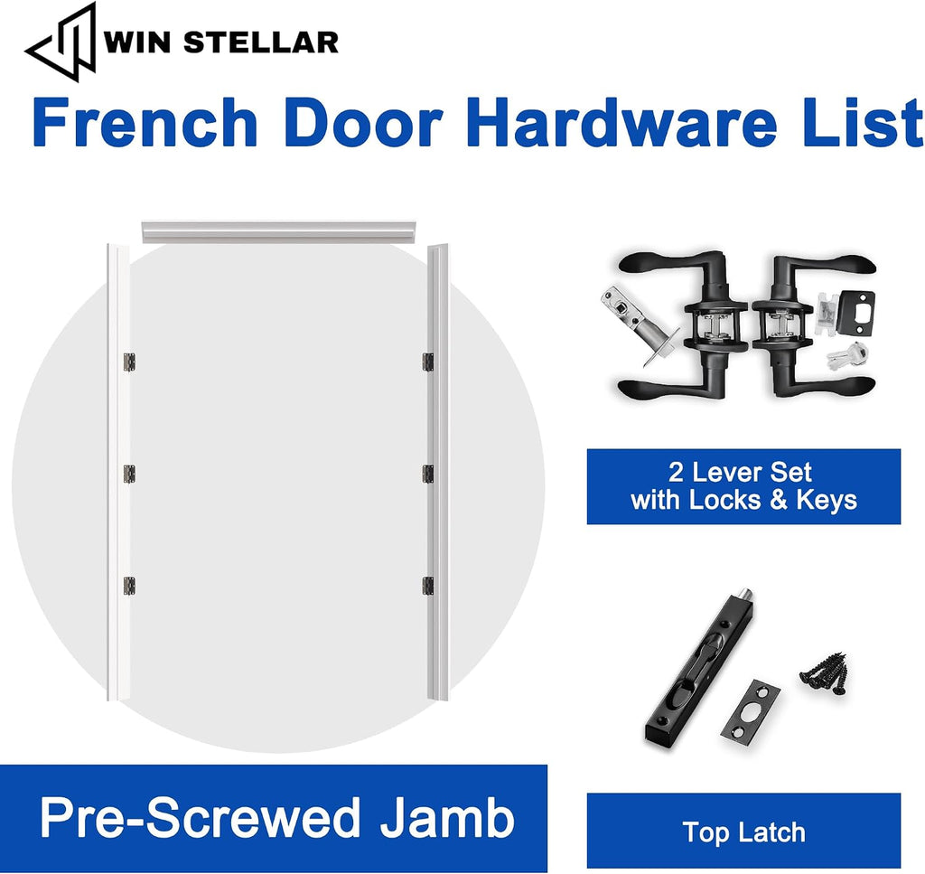 French Door 56' x 80' (Double 28' x 80') 3-Lite Clear Glass Door Slabs with Pre-Hung Jamb, Black Hinges, Levers and Latch, White Primed, French Interior Doors with Frame, Swing Double Bedroom Doors