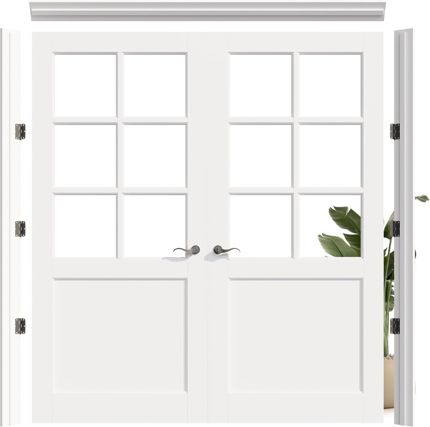 Prehung French Door 72'x80' (2x36 in), 6-Lite Tempered Clear Glass Door Slabs with Jamb, Black Hinges, 4 Levers & Latch, Solid Core Interior Door, Pre-Finished & Paintable, MDF Double Doors Interior