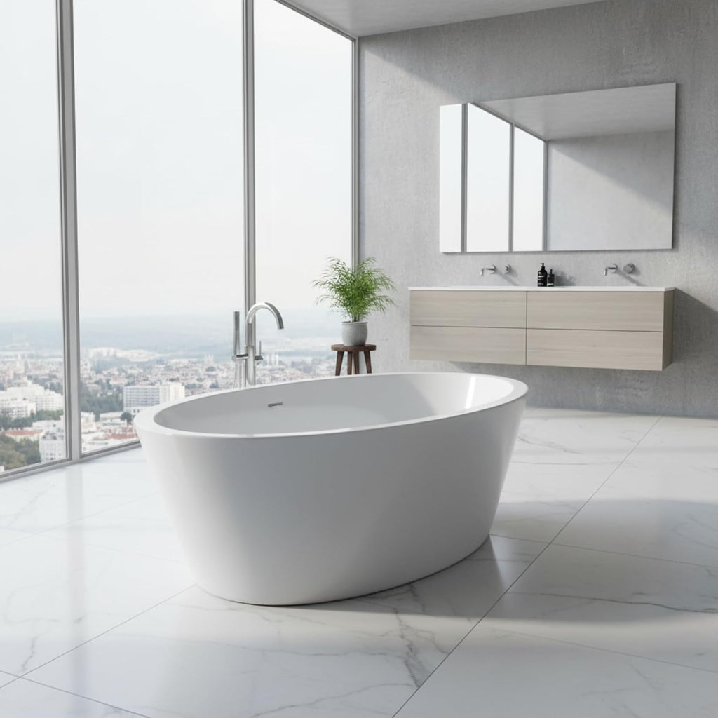 Udine 67' Freestanding Acrylic Bathtub with Chrome Drain, Glossy White Seamless Soaking Tub, Fiberglass Reinforced with Leveling Legs, 81 Gal Capacity