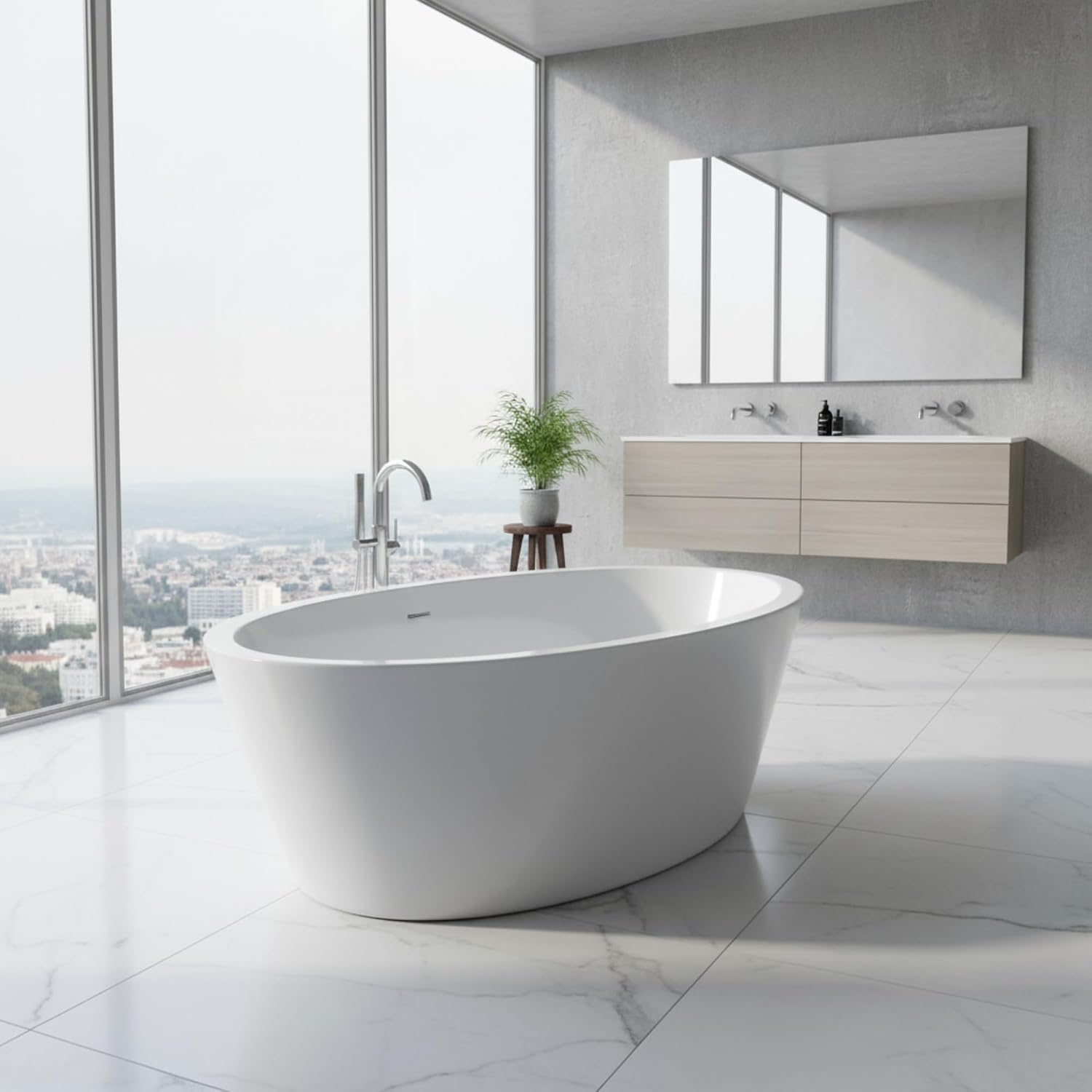 Udine 67' Freestanding Acrylic Bathtub with Chrome Drain, Glossy White Seamless Soaking Tub, Fiberglass Reinforced with Leveling Legs, 81 Gal Capacity