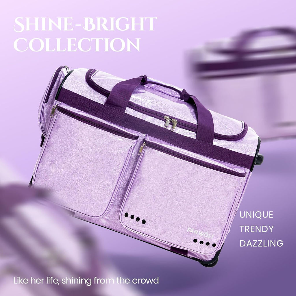 Fanwoli 23' Dance Bag with Garment Rack | Glittering Waterproof Fabric | Shine-Bright Collection | Ideal Competition Rolling Duffle Bag for Dancer Cheerleader Little Princess | Sparkle Purple