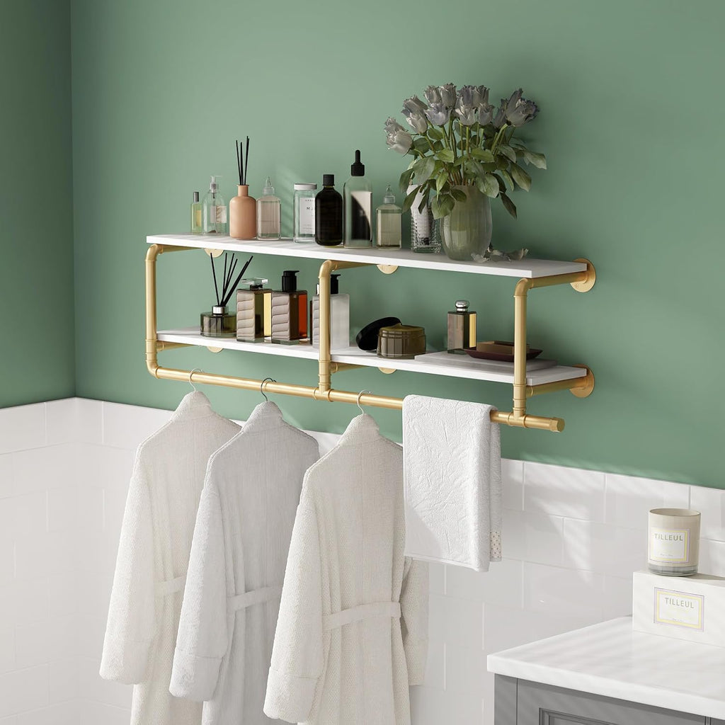ORSENIGO Industrial Pipe Clothing Rack with Shelves, Gold Wall Mounted Clothes Rack Heavy Duty Display Garment Rack for Home Retail