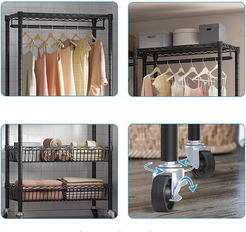 Heavy Duty Clothes Rack, Rolling Garment Rack 3 Tier Adjustable Wire Shelving with Hanger Rod&Side Hooks Clothing Racks for Hanging Clothes Clothes Storage and Display