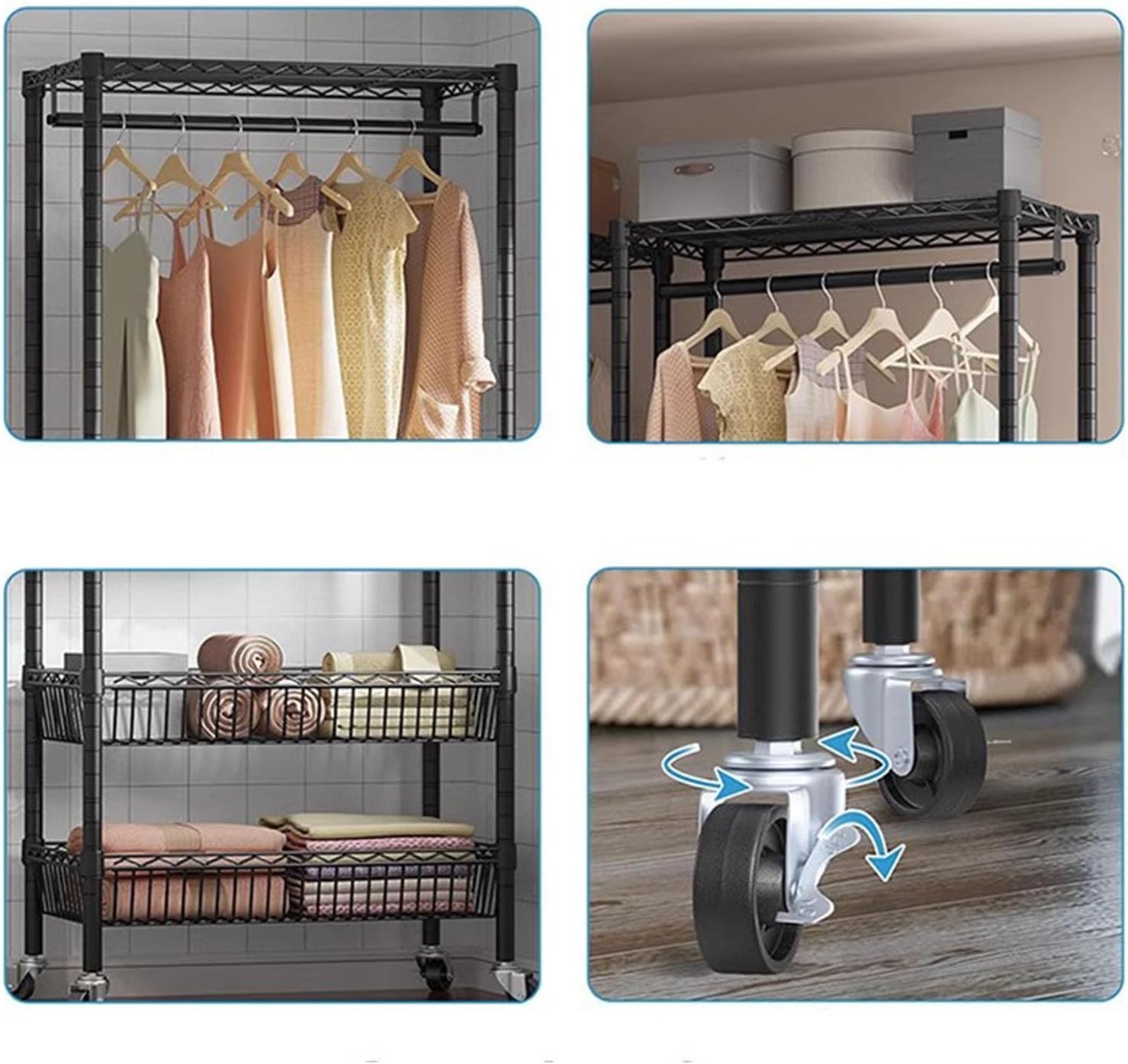 Heavy Duty Clothes Rack, Rolling Garment Rack 3 Tier Adjustable Wire Shelving with Hanger Rod&Side Hooks Clothing Racks for Hanging Clothes Clothes Storage and Display