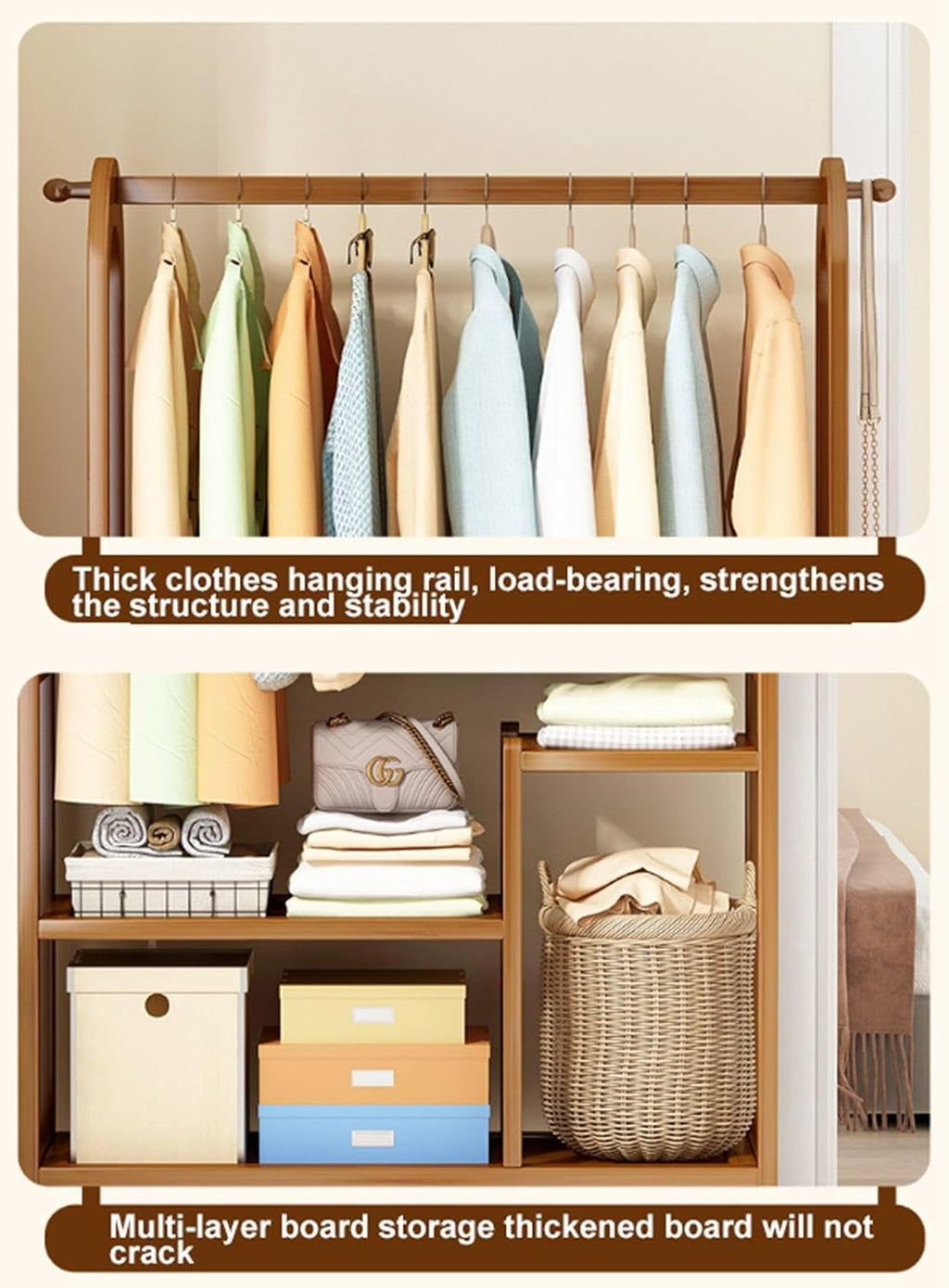Rolling Clothes Rack with Drawer,Bamboo Garment Rack with Wheels,Freestanding Heavy Duty Clothing Hanging Rack for Entryway, Living Room, Bedroom,70cm