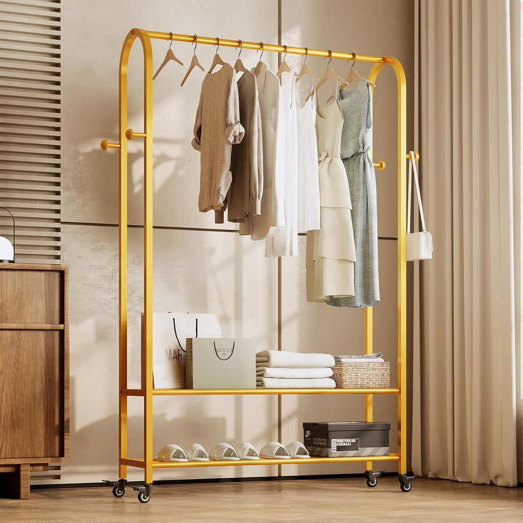 Sturdy Heavy Duty Clothes Rack With Wheels,Modern Clothing Rack With Shelves & hooks, Garment Racks for Hanging Clothes,Closet Rack for Bedroom,49.21in Wide,Clothes Storage and Display (gold)