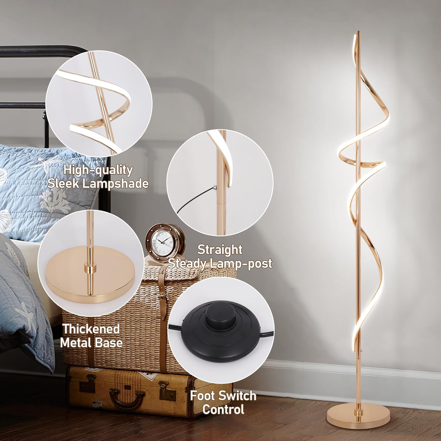 EIDISUNY LED Floor Lamp for Living Room, 60 inches Spiral Floor Lamp with Remote Control, 48W, 3 Color Temperatures,Dimmable, for Bedroom, Office Gold