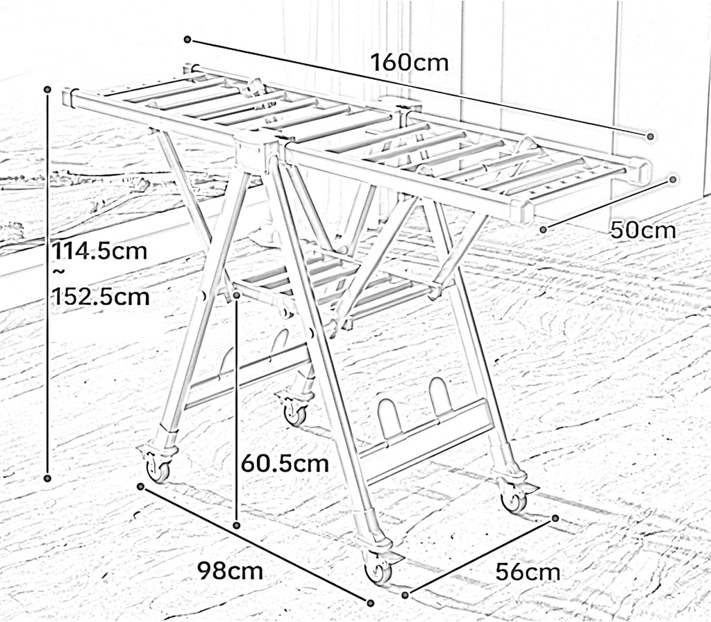 Foldable Clothes Drying Racks, Standing Dry Racks with Windproof Holes, Portable Indoor Outdoor Laundry Garment Rack, High Capacity Blanket/Sheet/Sho(Gray-(L x W x H) 160x56x114.5~152.5CM