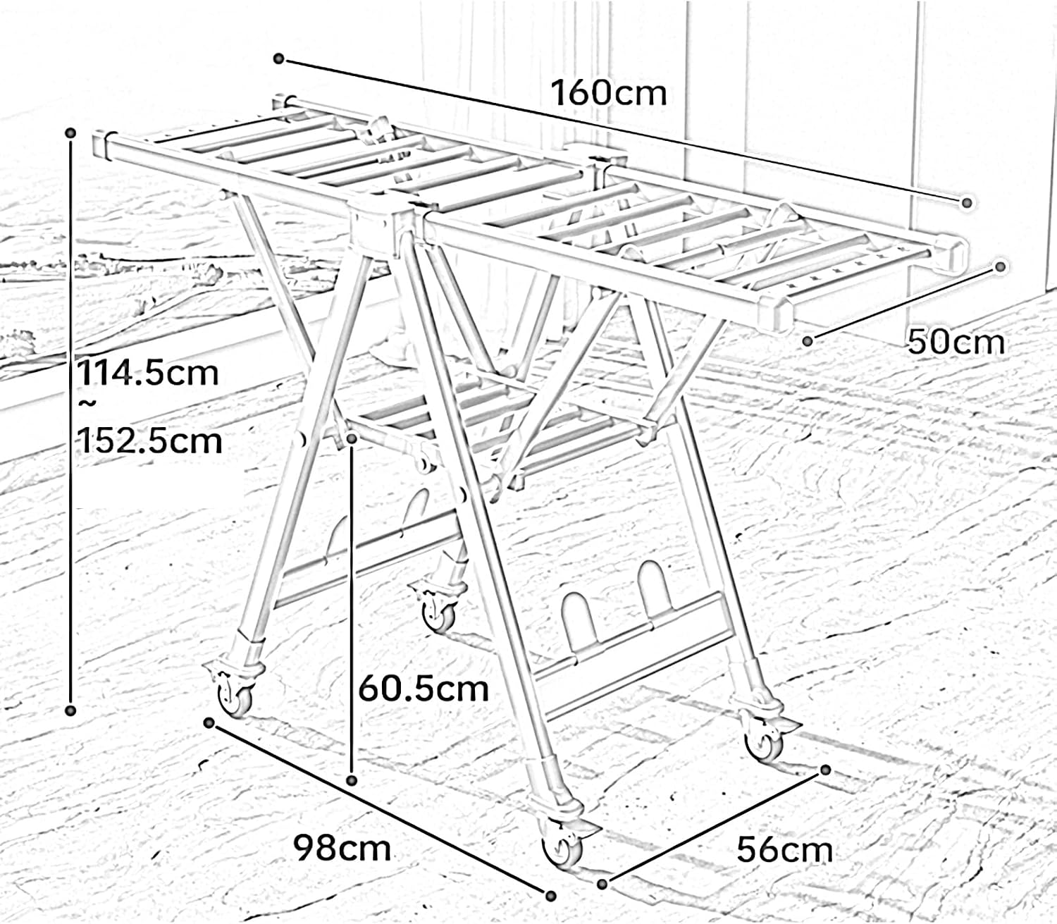 Foldable Clothes Drying Racks, Standing Dry Racks with Windproof Holes, Portable Indoor Outdoor Laundry Garment Rack, High Capacity Blanket/Sheet/Sho(Gray-(L x W x H) 160x56x114.5~152.5CM
