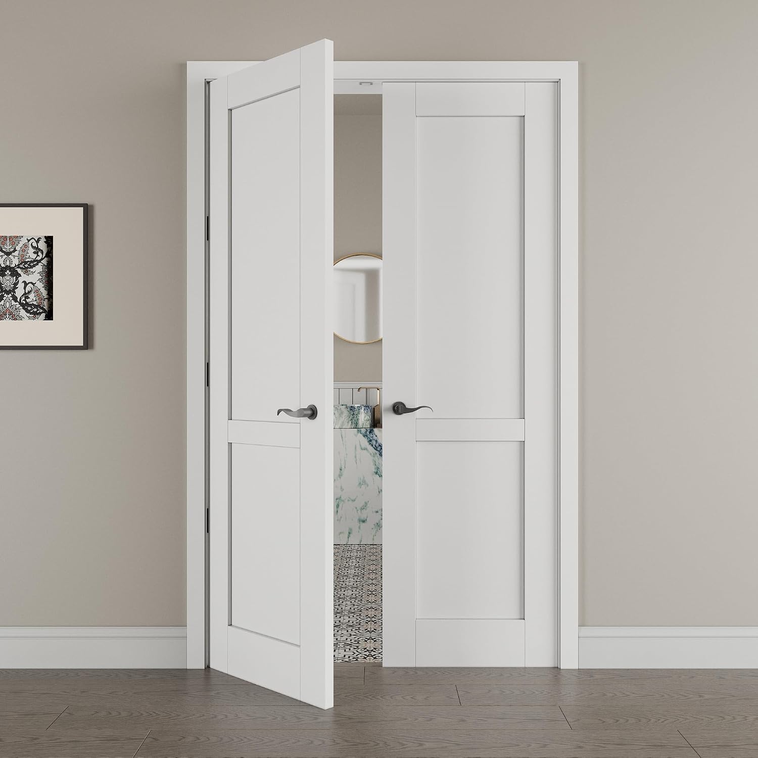 48' x 80' French Doors Interior (Double 24' x 80' 2-Lite Panel Door with Black Hinge Prehung Jamb Kit), Pre-Finished & Paintable, Prebuilt Home Door Panels & Assembly Required Jamb